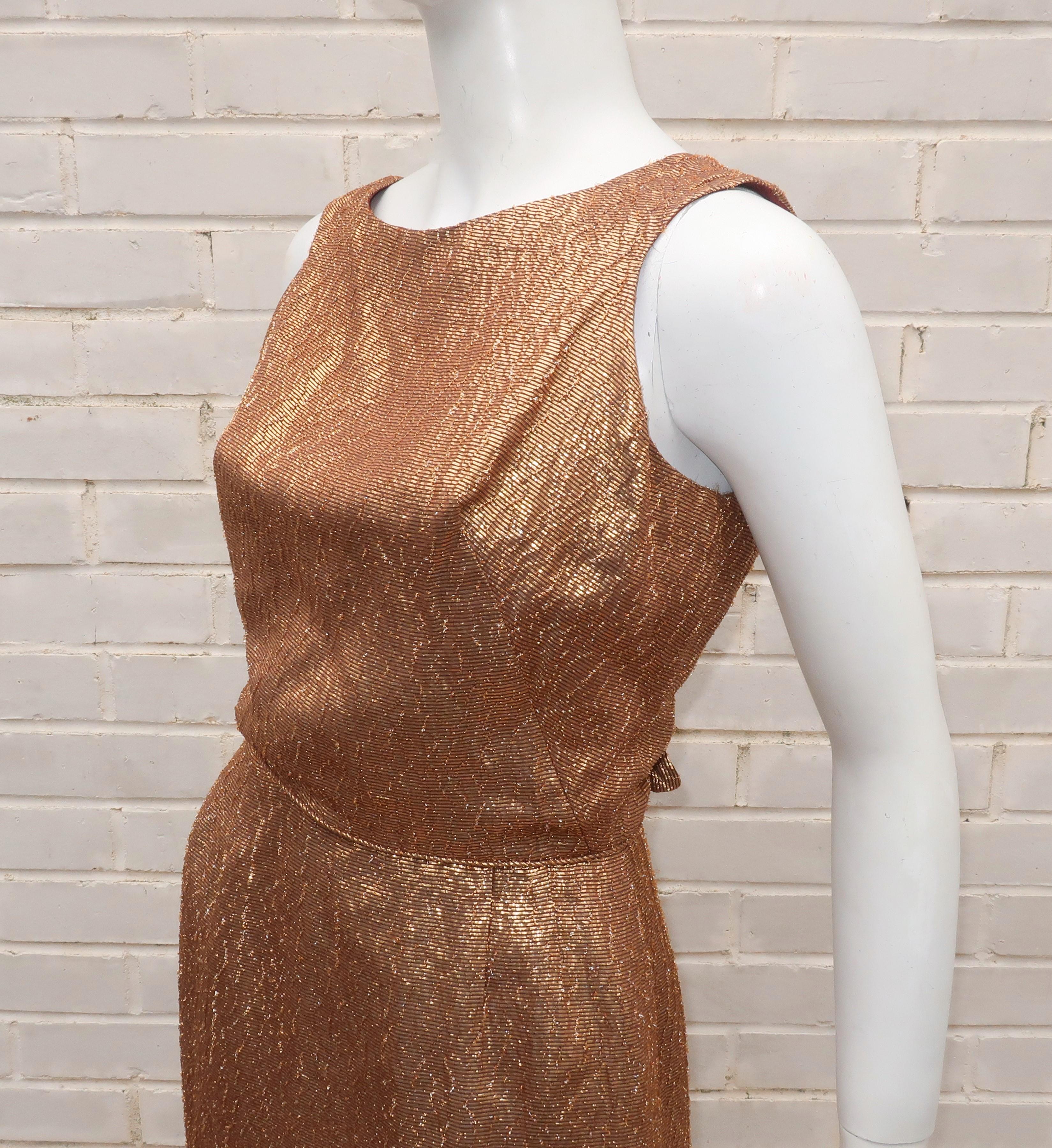 Bronze Gold Lamé Wiggle Dress With Cut Out Bow Back, 1950's In Good Condition For Sale In Atlanta, GA