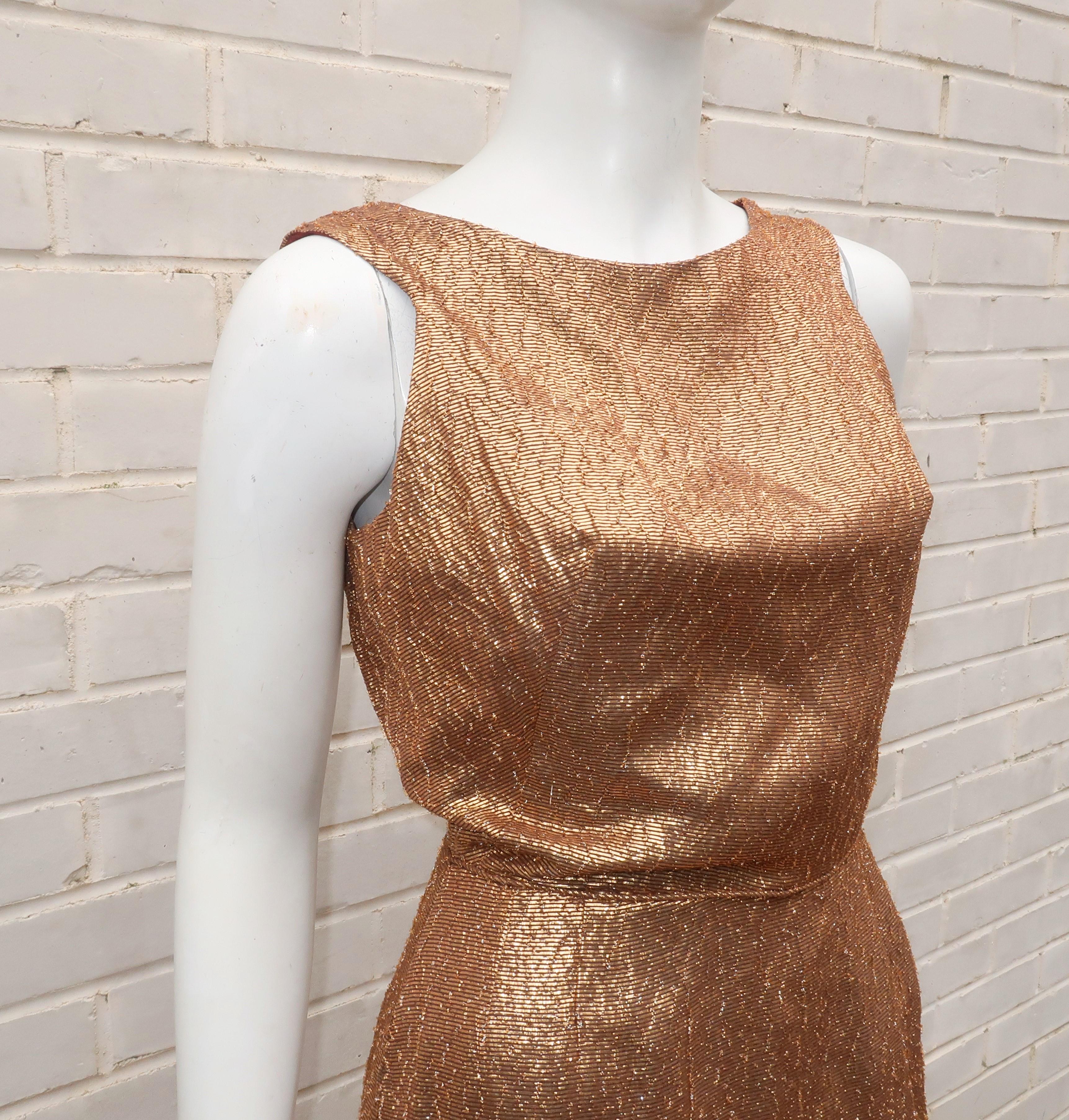 Women's Bronze Gold Lamé Wiggle Dress With Cut Out Bow Back, 1950's For Sale