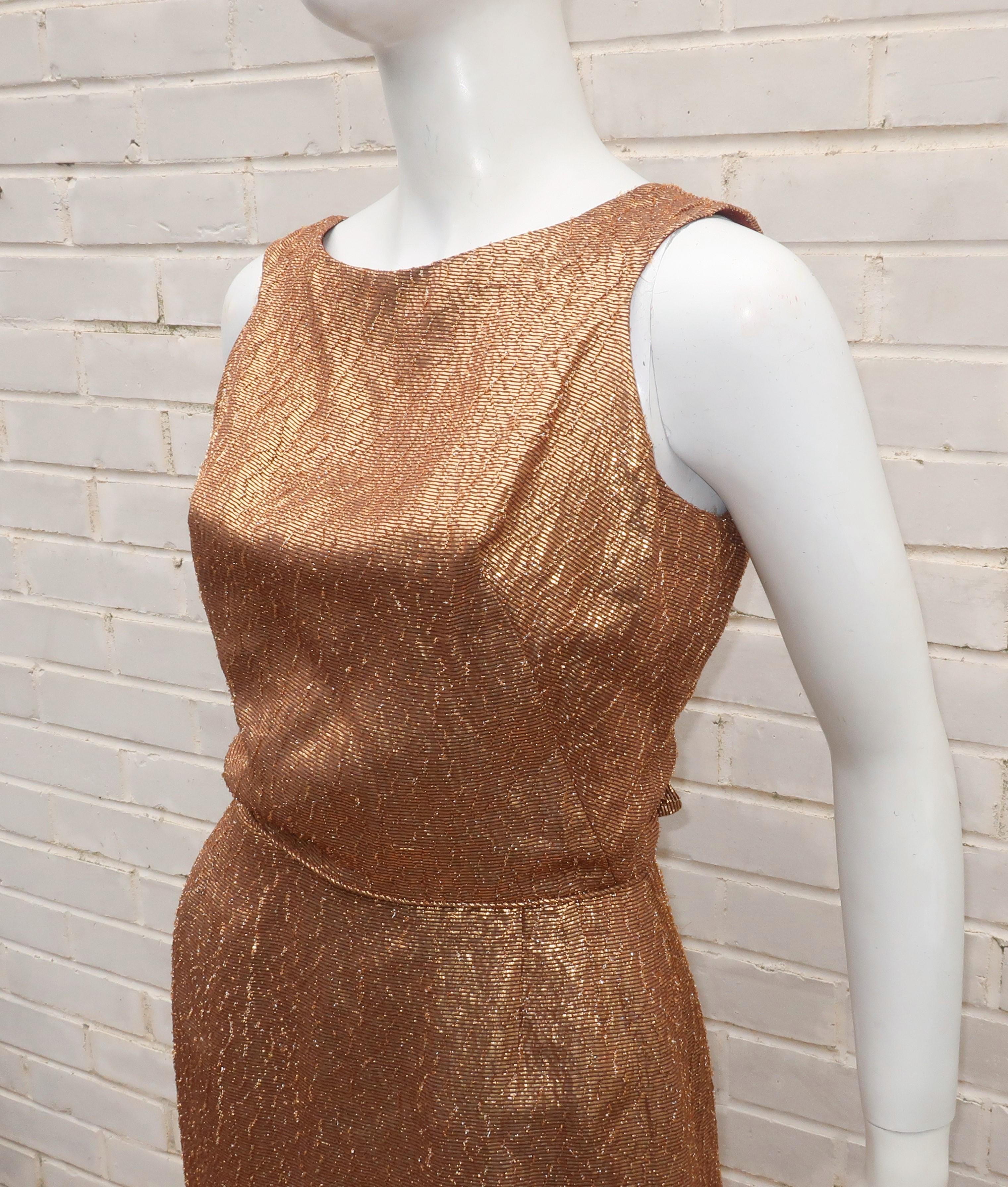 Bronze Gold Lamé Wiggle Dress With Cut Out Bow Back, 1950's For Sale 1