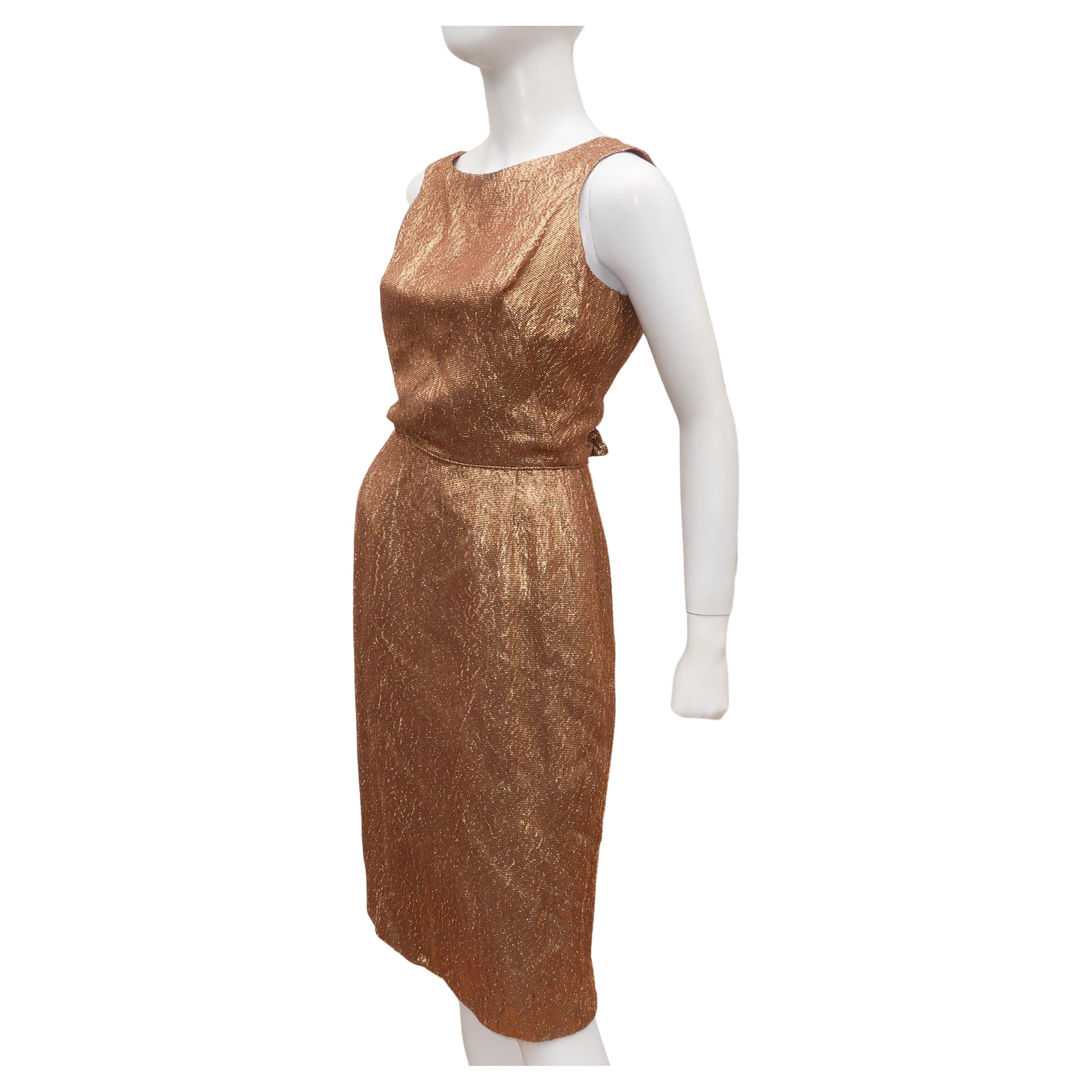 Bronze Gold Lamé Wiggle Dress With Cut Out Bow Back, 1950's For Sale