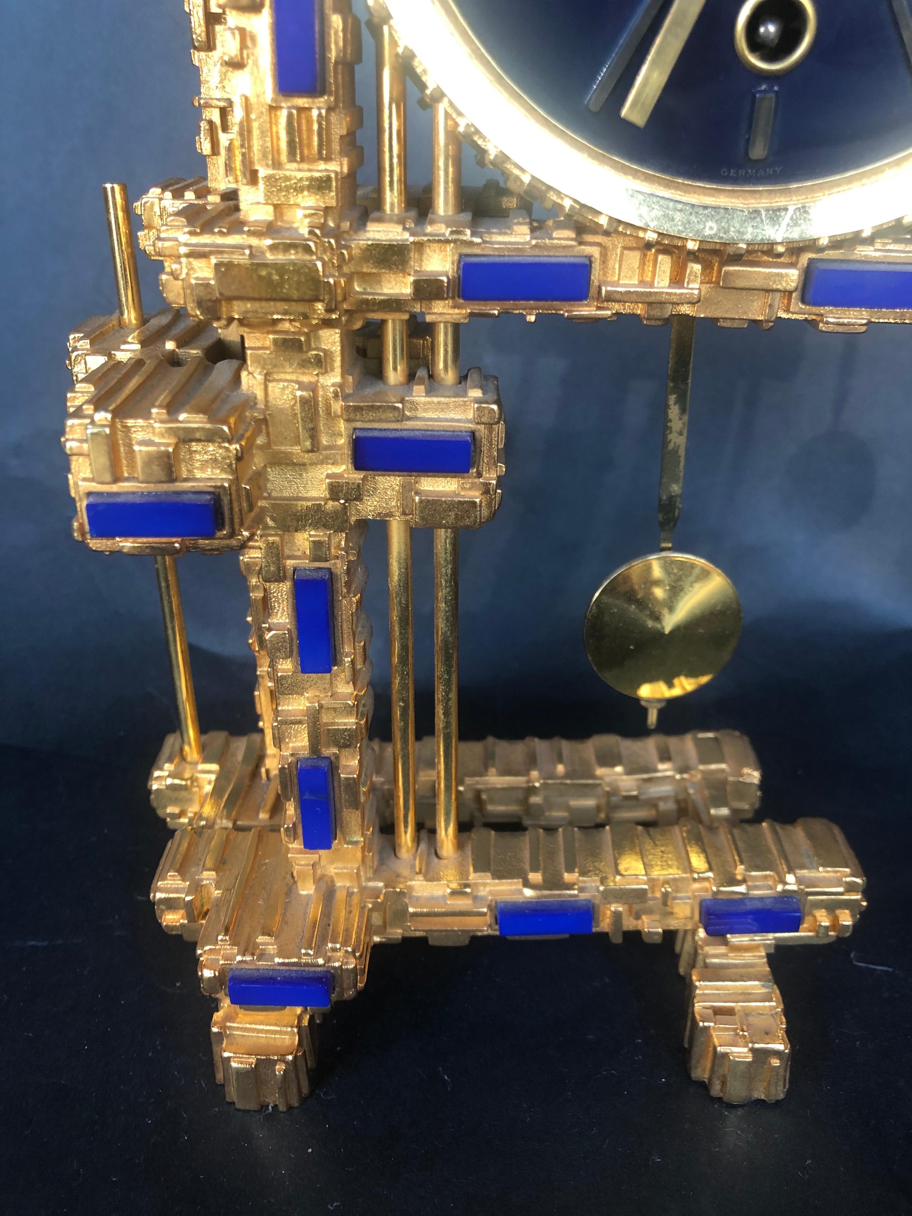 Bronze Gold-Plated Clock with Blue Stones In Excellent Condition For Sale In Los Angeles, CA