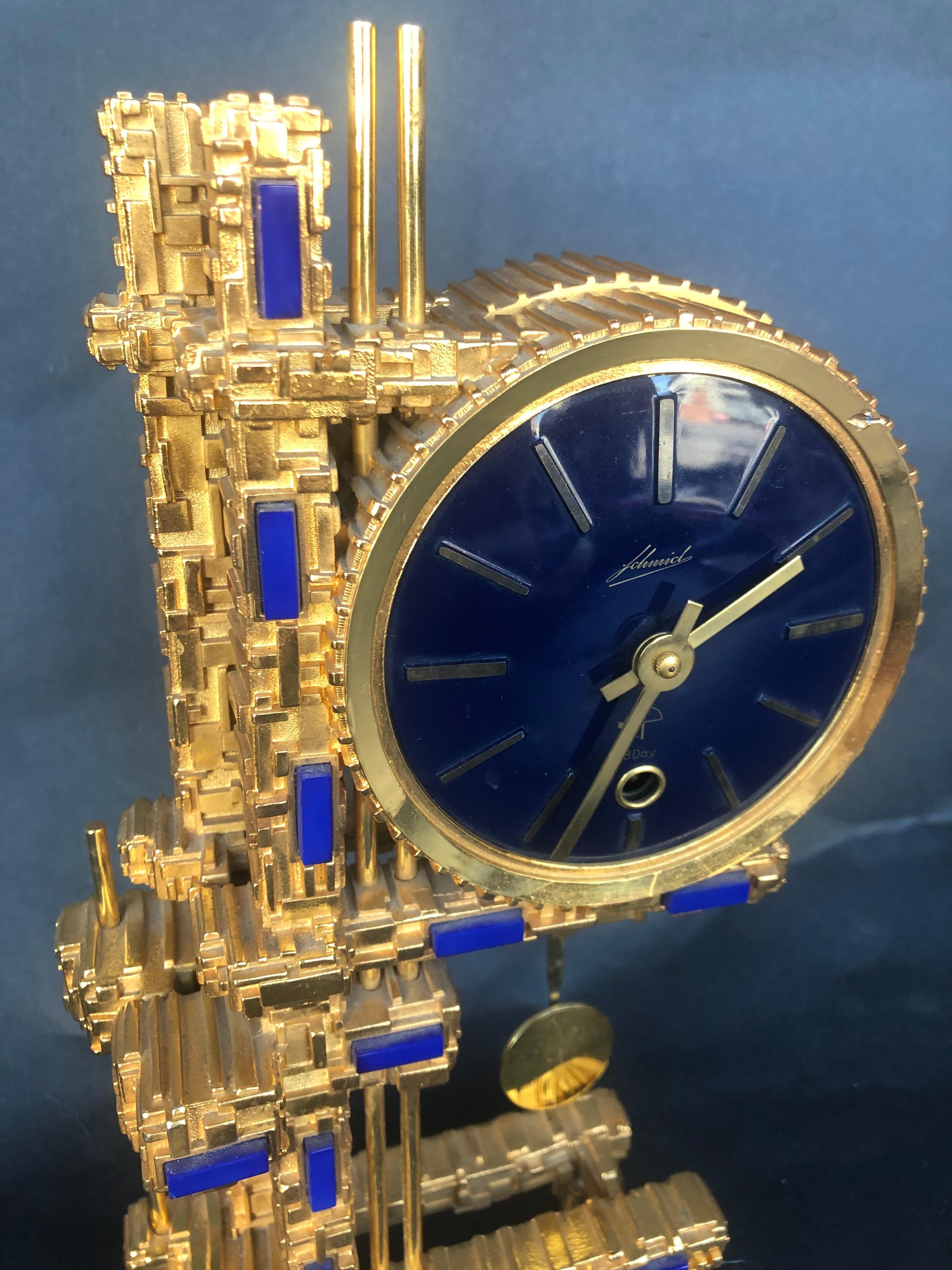 20th Century Bronze Gold-Plated Clock with Blue Stones For Sale