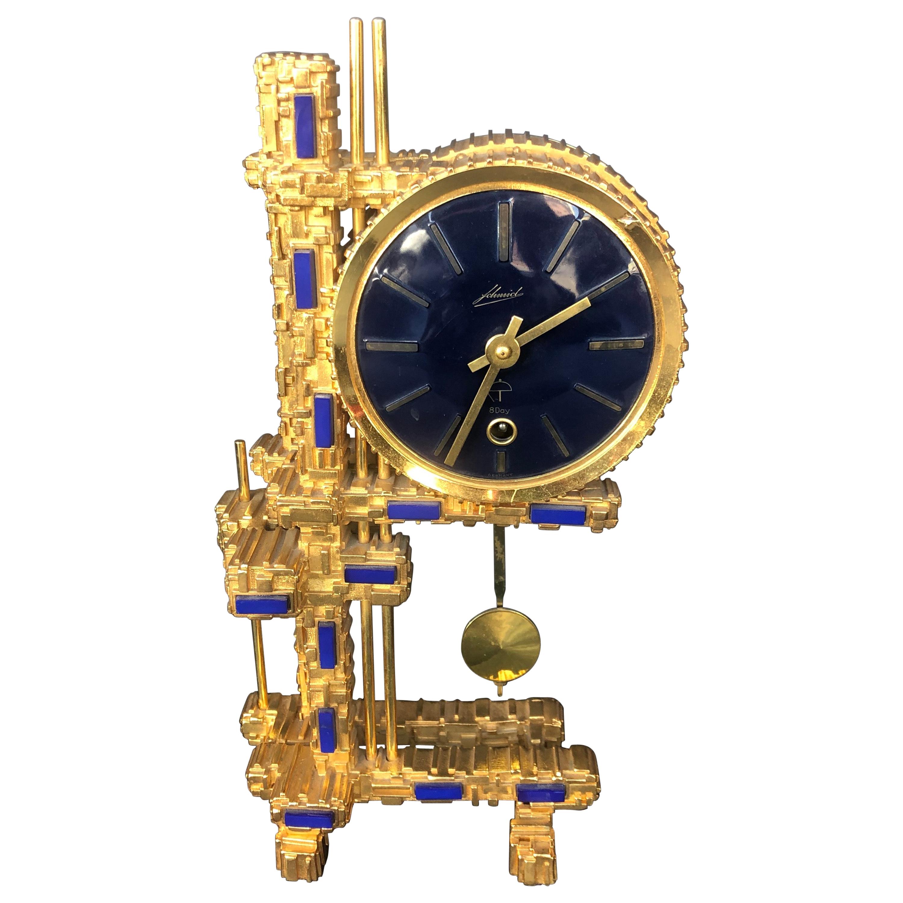 Bronze Gold-Plated Clock with Blue Stones For Sale
