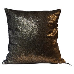 Bronze Gold Sequined Cushion Hand Embroidery on Silk Satin Color Chocolate Brown
