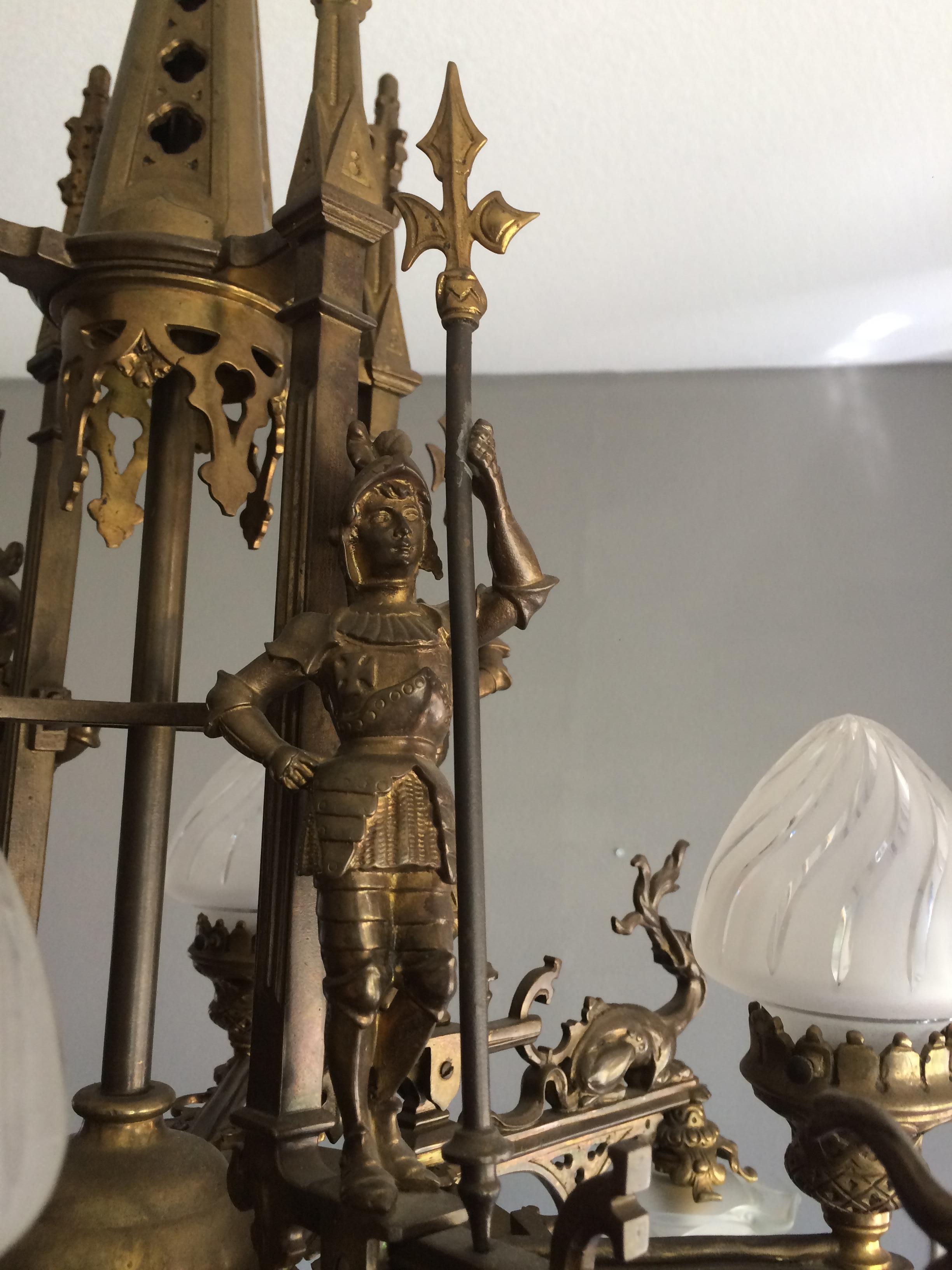 Bronze Gothic Revival Chandelier / Pendant Light w. Knights & Dragons Sculptures 5
