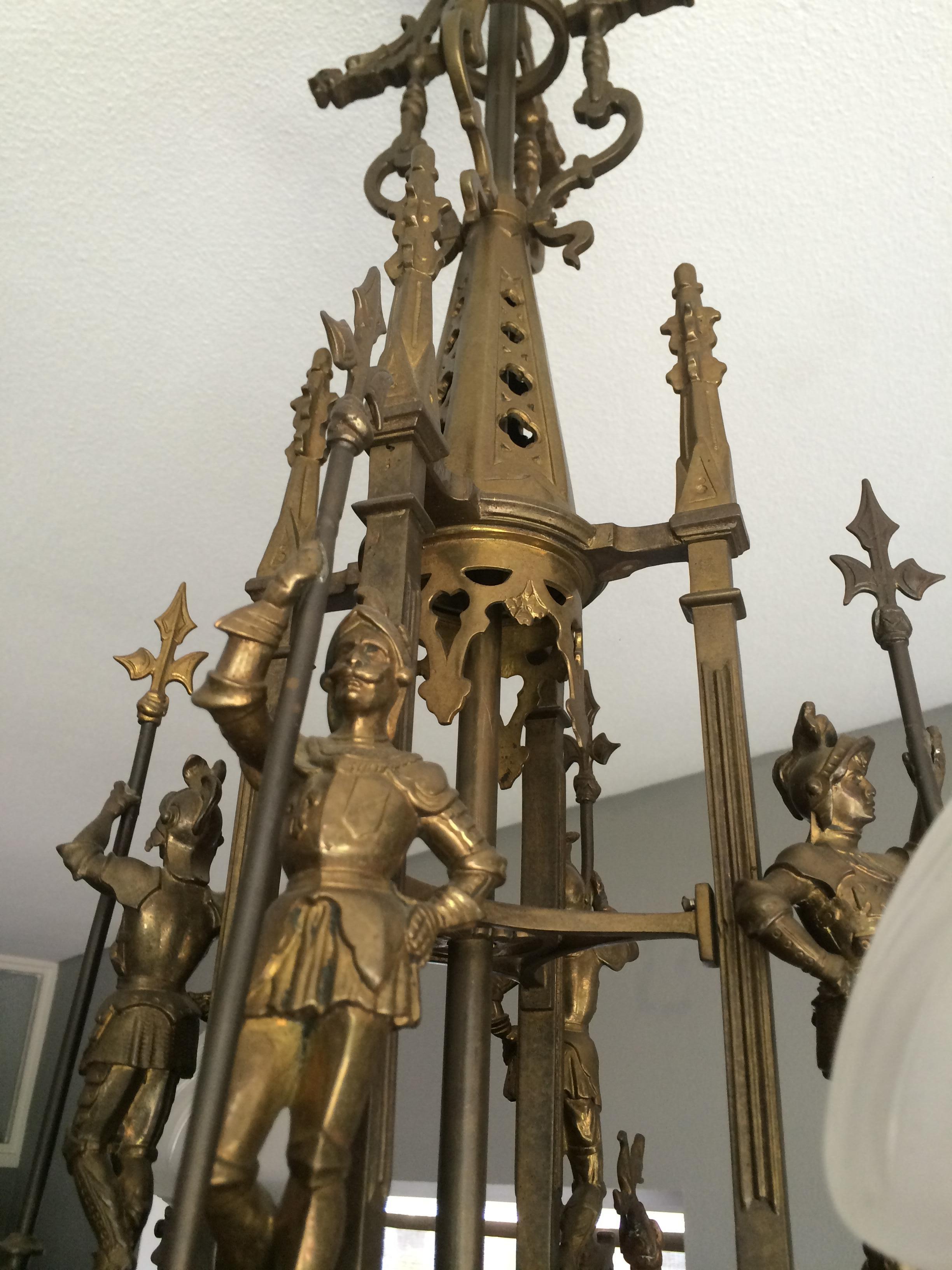 Bronze Gothic Revival Chandelier / Pendant Light w. Knights & Dragons Sculptures 6