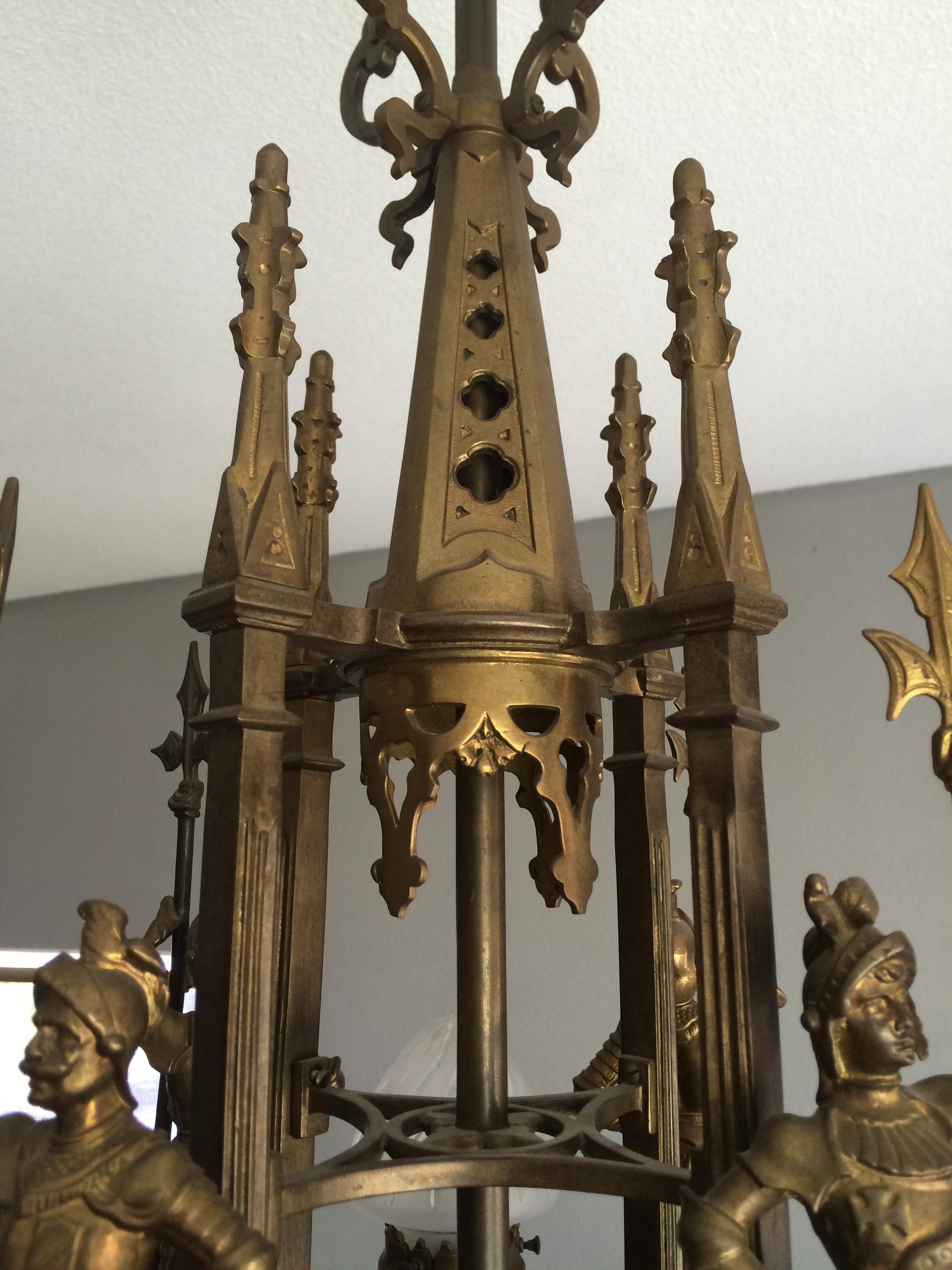 Bronze Gothic Revival Chandelier / Pendant Light w. Knights & Dragons Sculptures 9