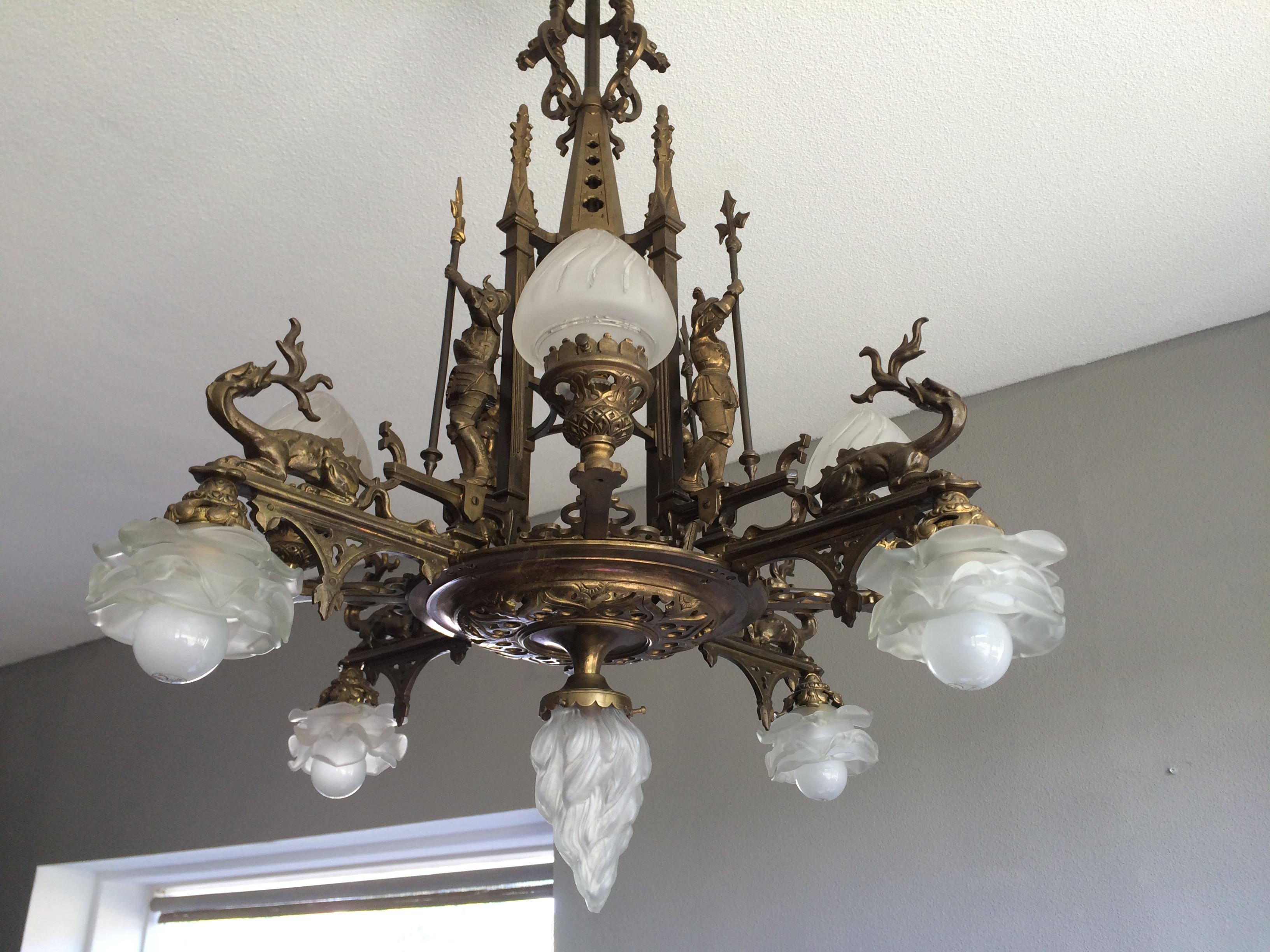 Bronze Gothic Revival Chandelier / Pendant Light w. Knights & Dragons Sculptures 10