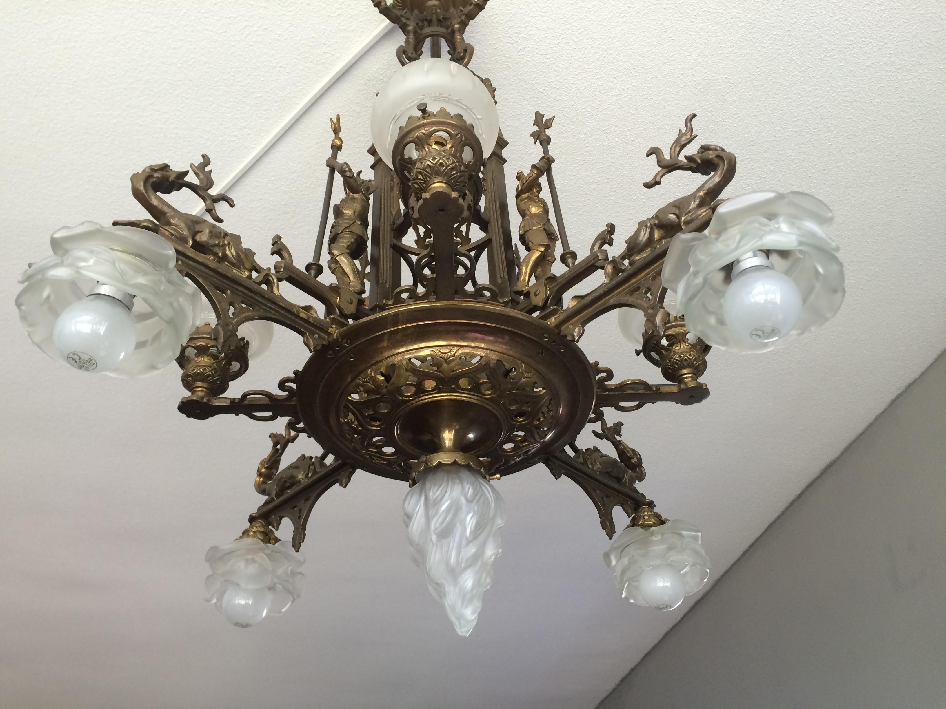 Bronze Gothic Revival Chandelier / Pendant Light w. Knights & Dragons Sculptures 11