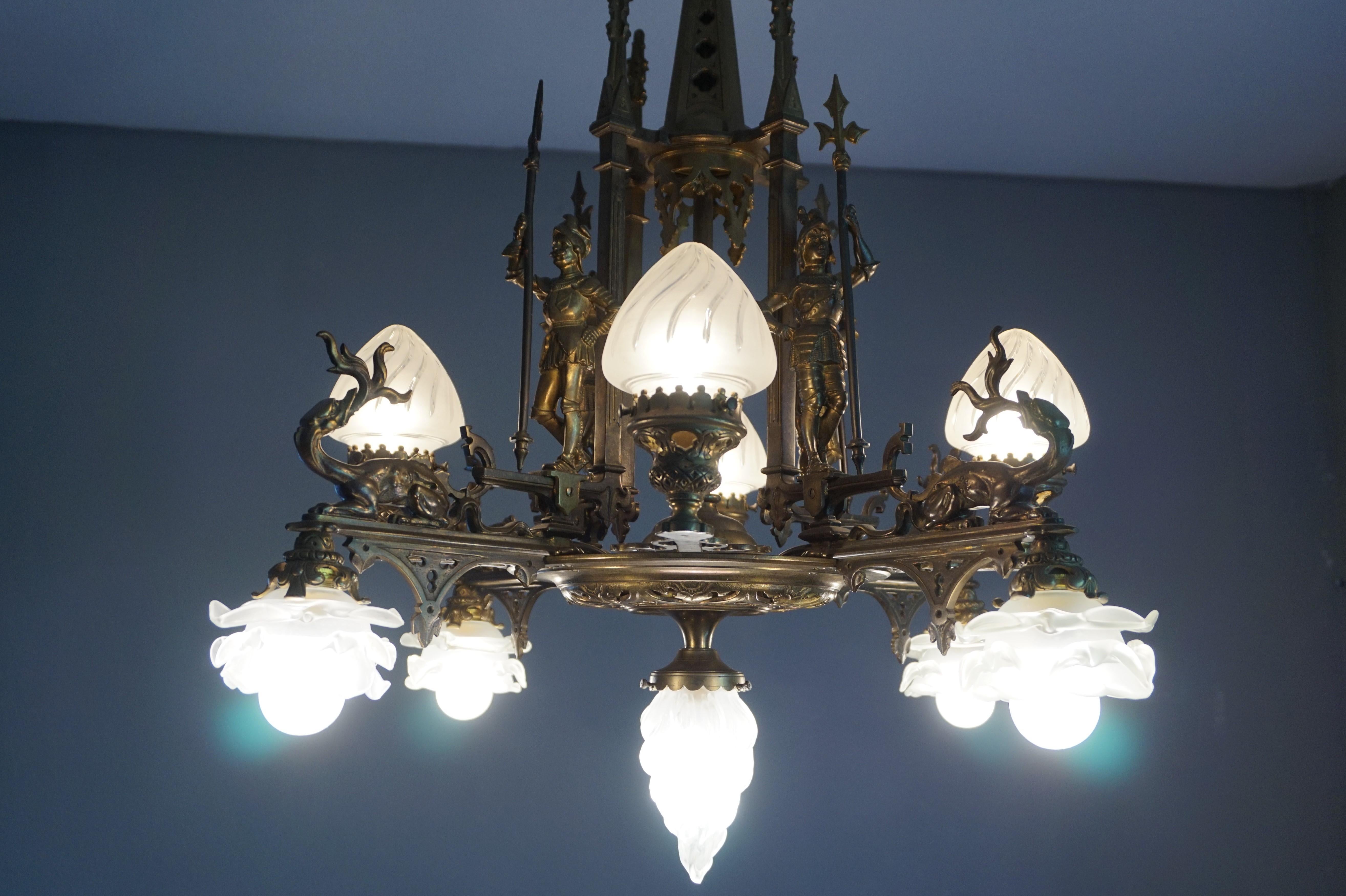 Bronze Gothic Revival Chandelier / Pendant Light w. Knights & Dragons Sculptures 12