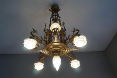 Bronze Gothic Revival Chandelier / Pendant Light w. Knights & Dragons Sculptures