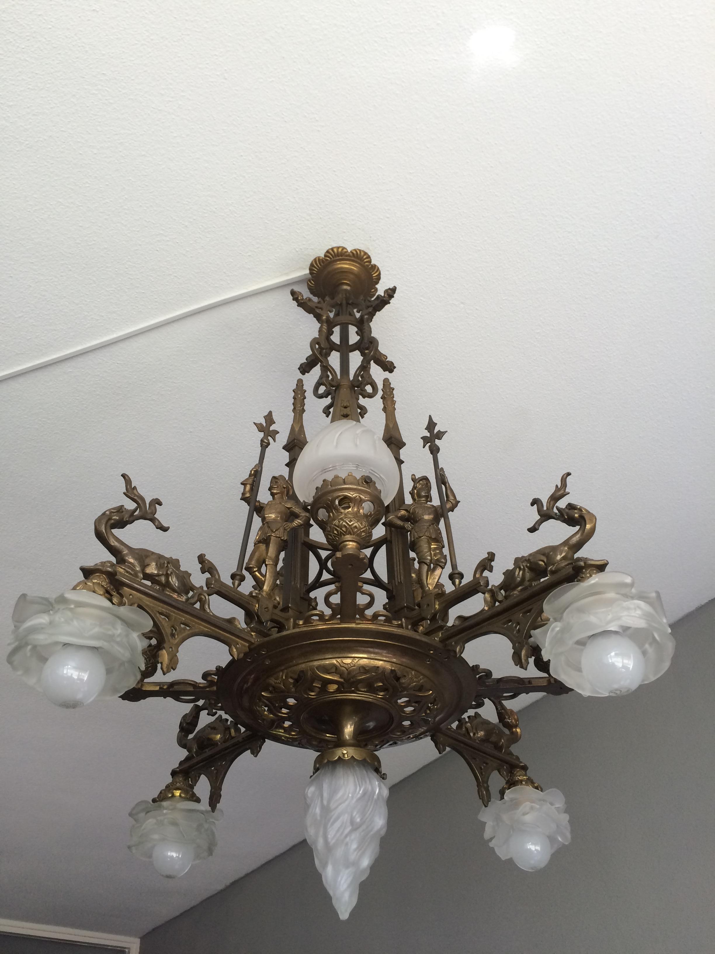 Bronze Gothic Revival Chandelier / Pendant Light w. Knights & Dragons Sculptures 13