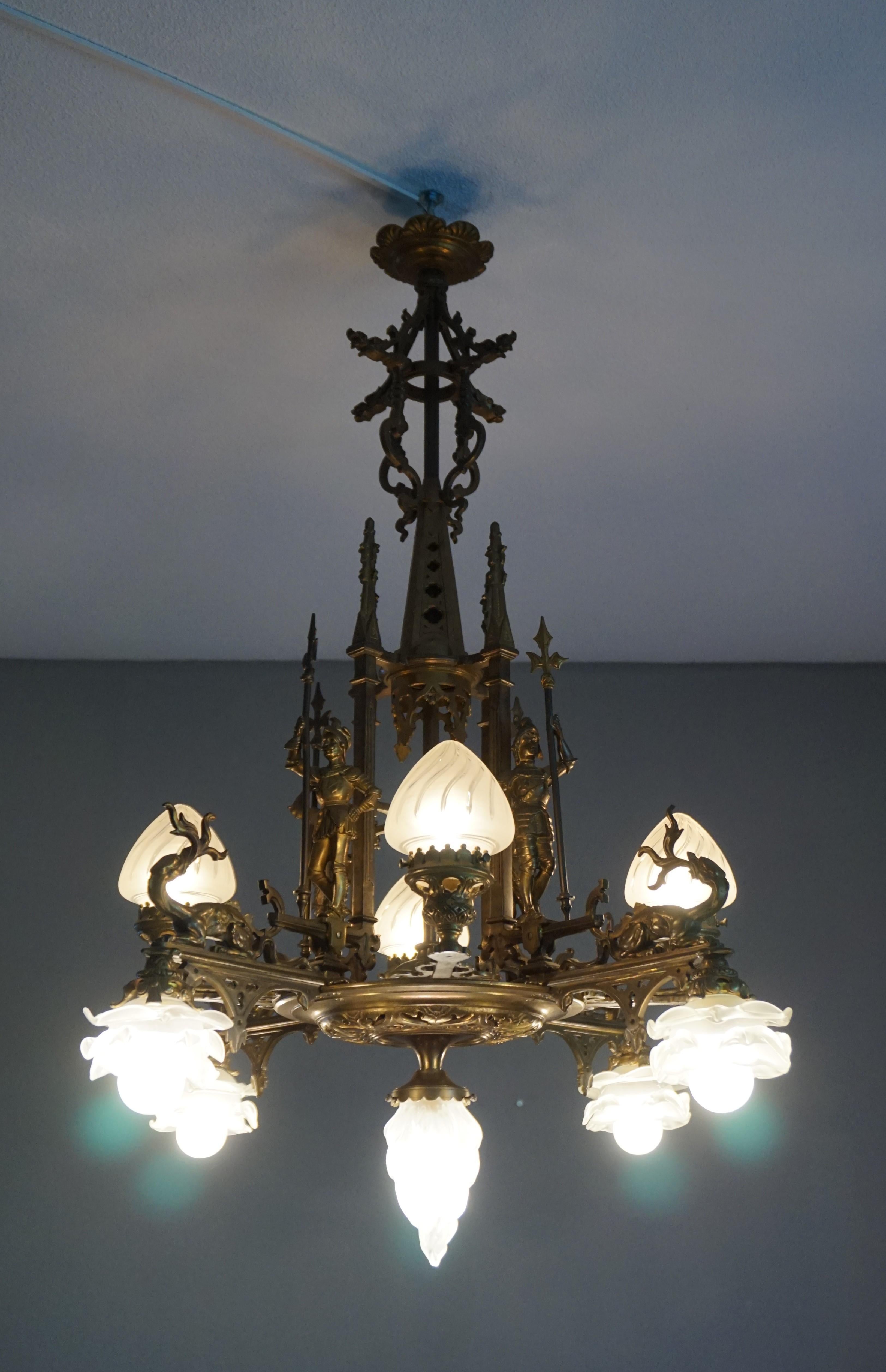French Bronze Gothic Revival Chandelier / Pendant Light w. Knights & Dragons Sculptures
