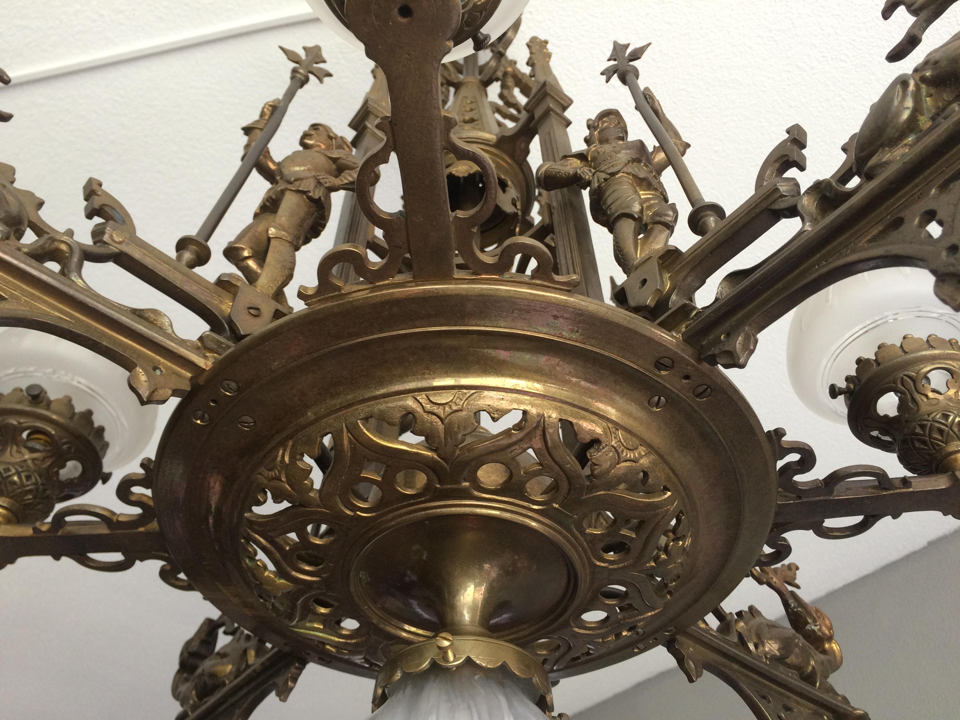 Bronze Gothic Revival Chandelier / Pendant Light w. Knights & Dragons Sculptures 2