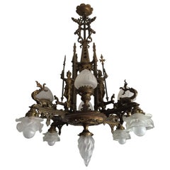 Antique Bronze Gothic Revival Chandelier / Pendant Light w. Knights & Dragons Sculptures