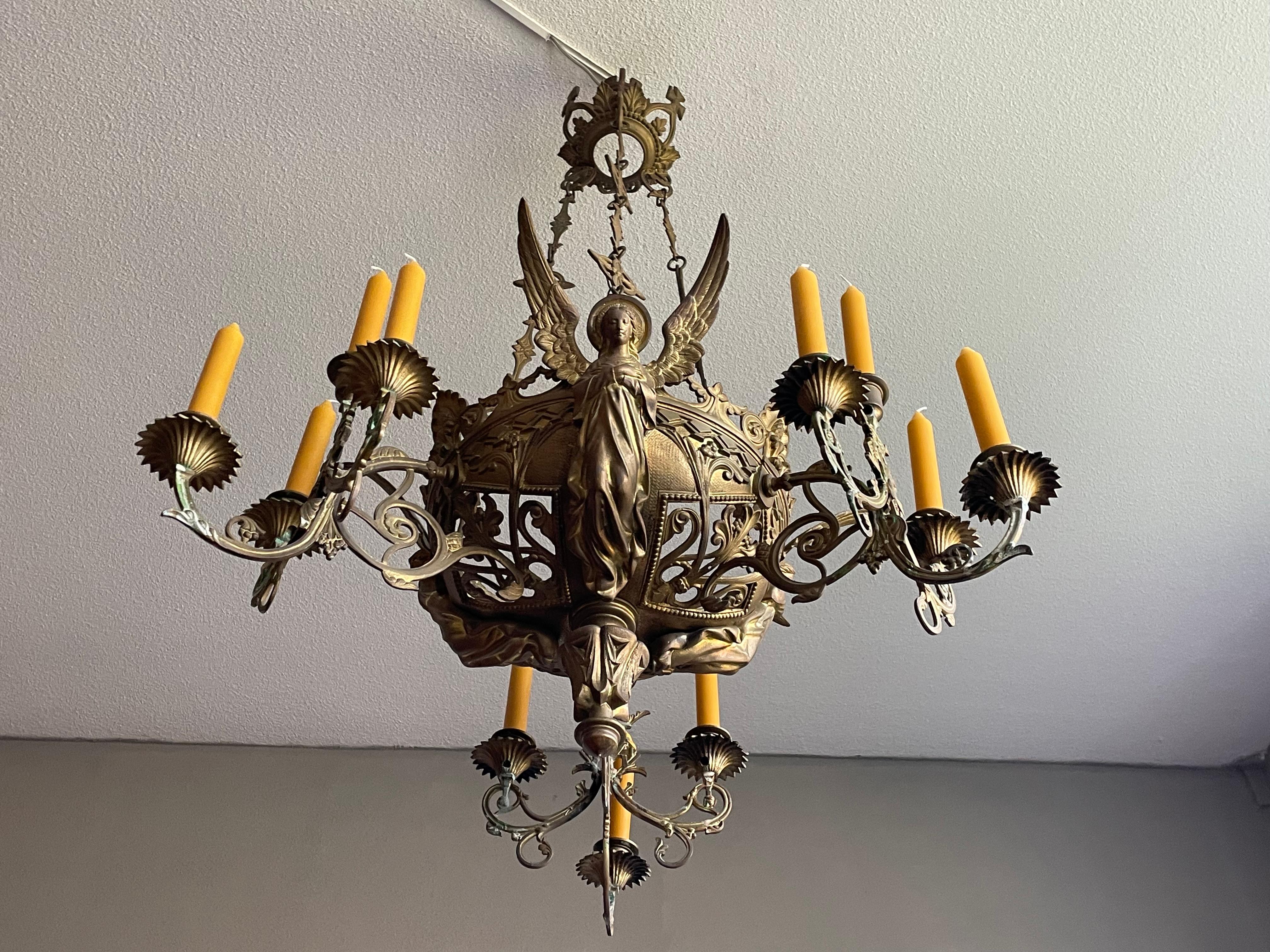 Bronze Gothic Revival Candle Chandelier w. Virgin Mary & Marian Cross Sculptures For Sale 3