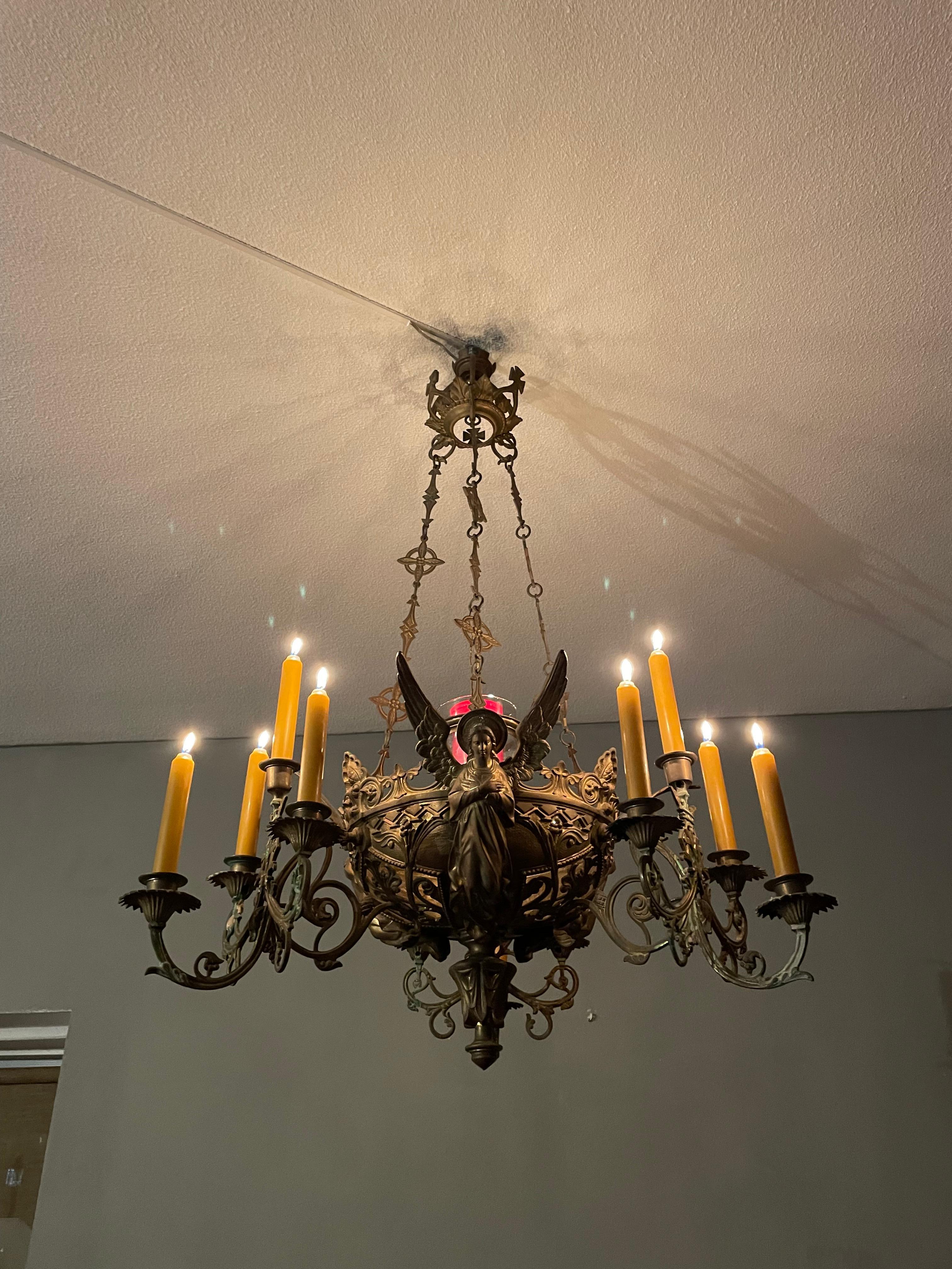 Bronze Gothic Revival Candle Chandelier w. Virgin Mary & Marian Cross Sculptures For Sale 5
