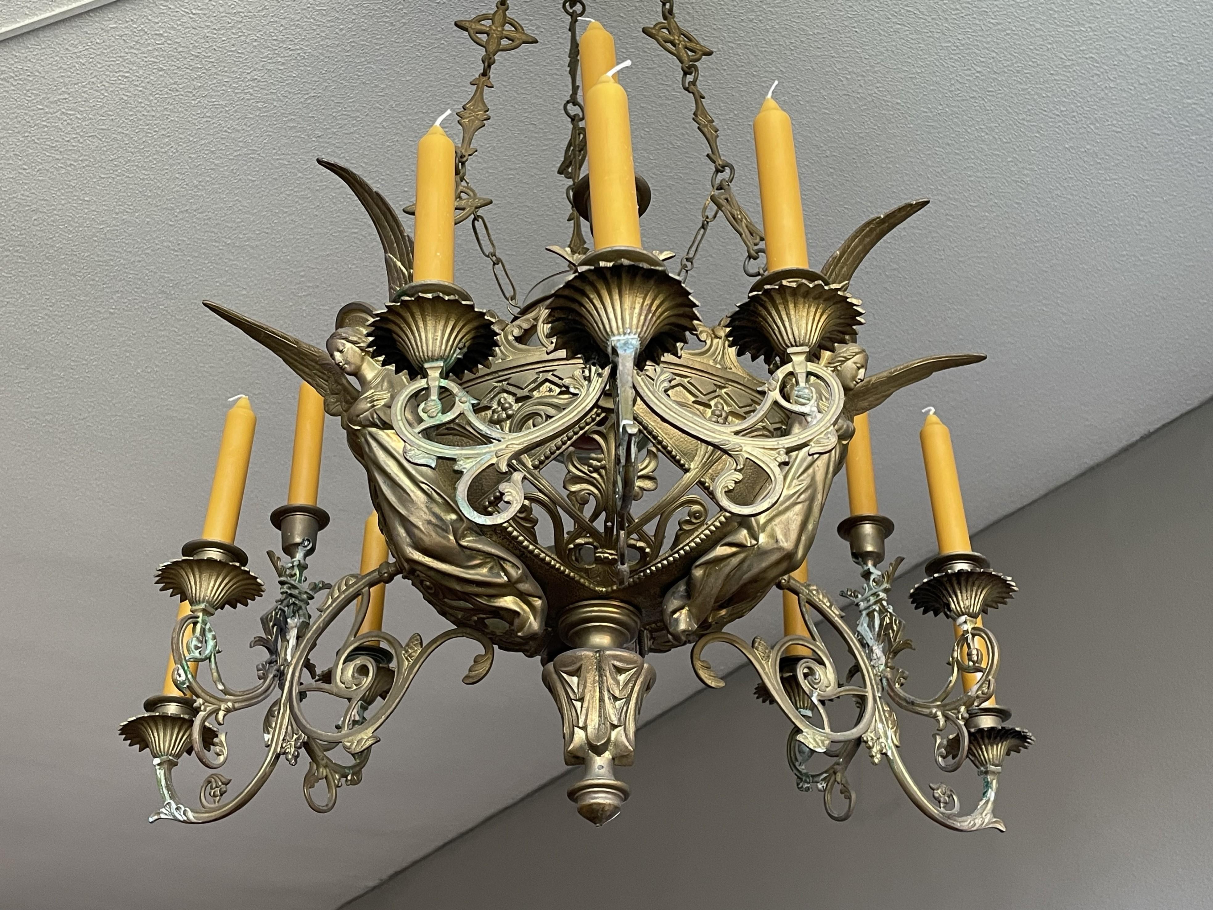 Bronze Gothic Revival Candle Chandelier w. Virgin Mary & Marian Cross Sculptures For Sale 6