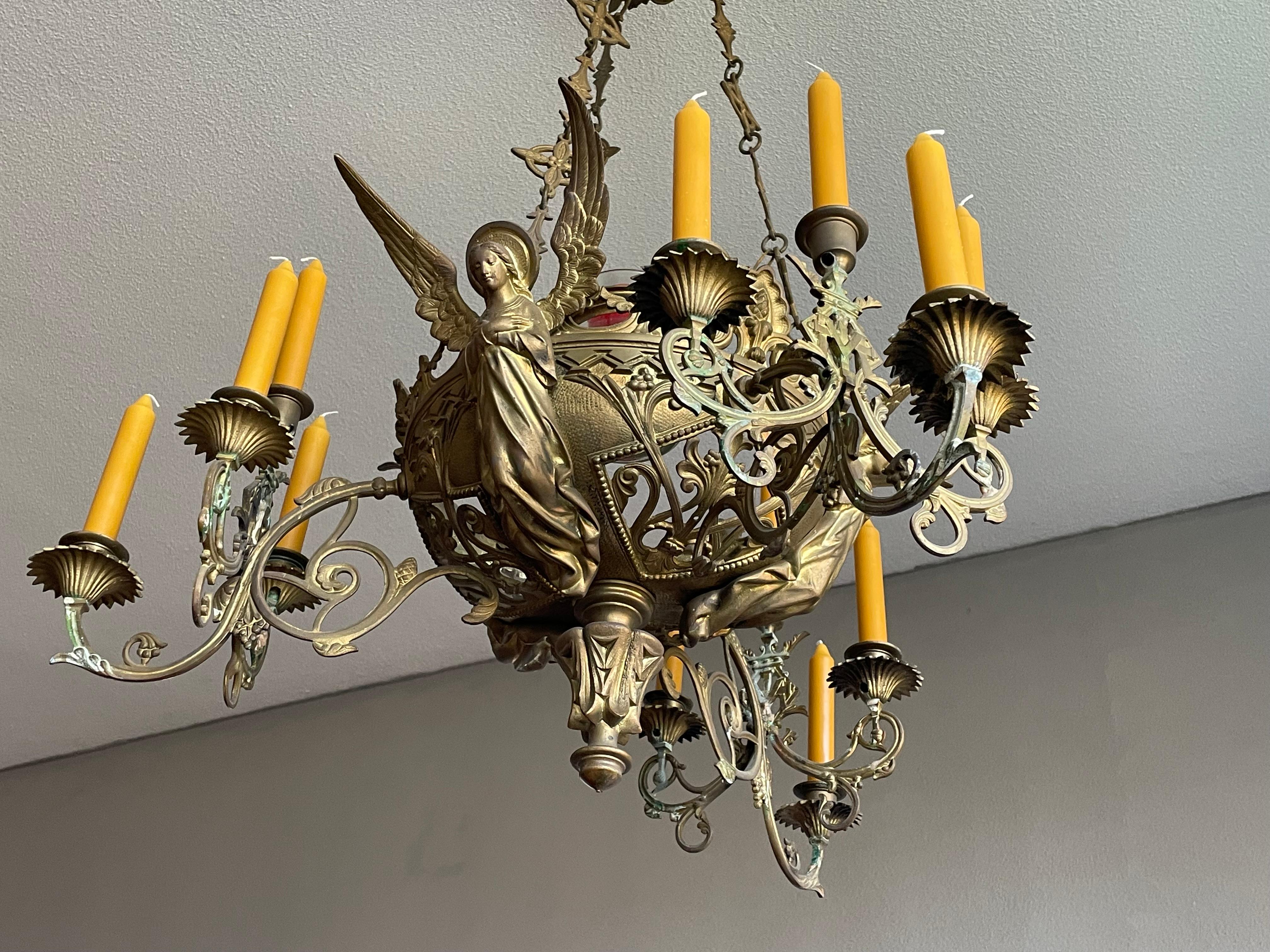 Bronze Gothic Revival Candle Chandelier w. Virgin Mary & Marian Cross Sculptures For Sale 7