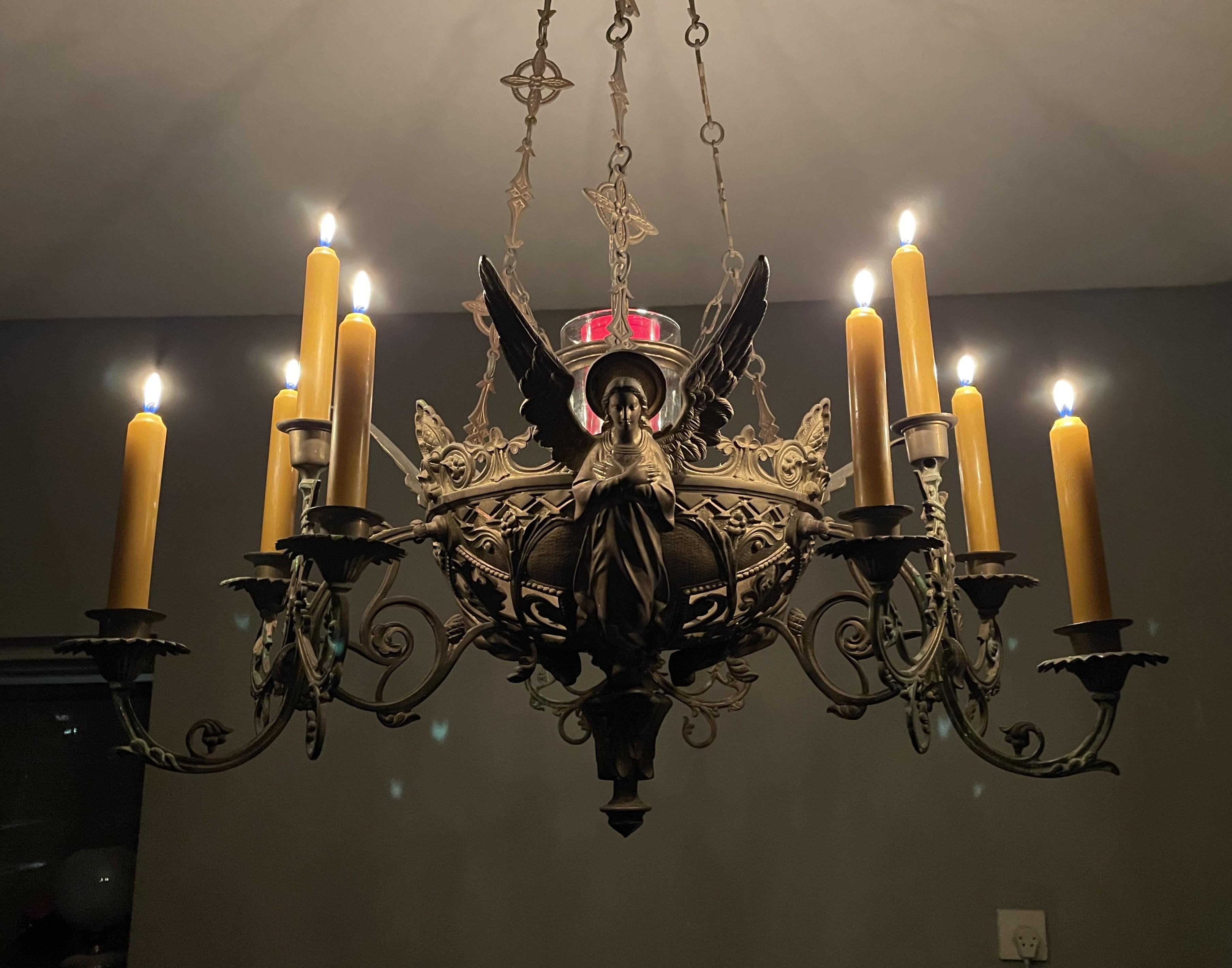 Bronze Gothic Revival Candle Chandelier w. Virgin Mary & Marian Cross Sculptures For Sale 10