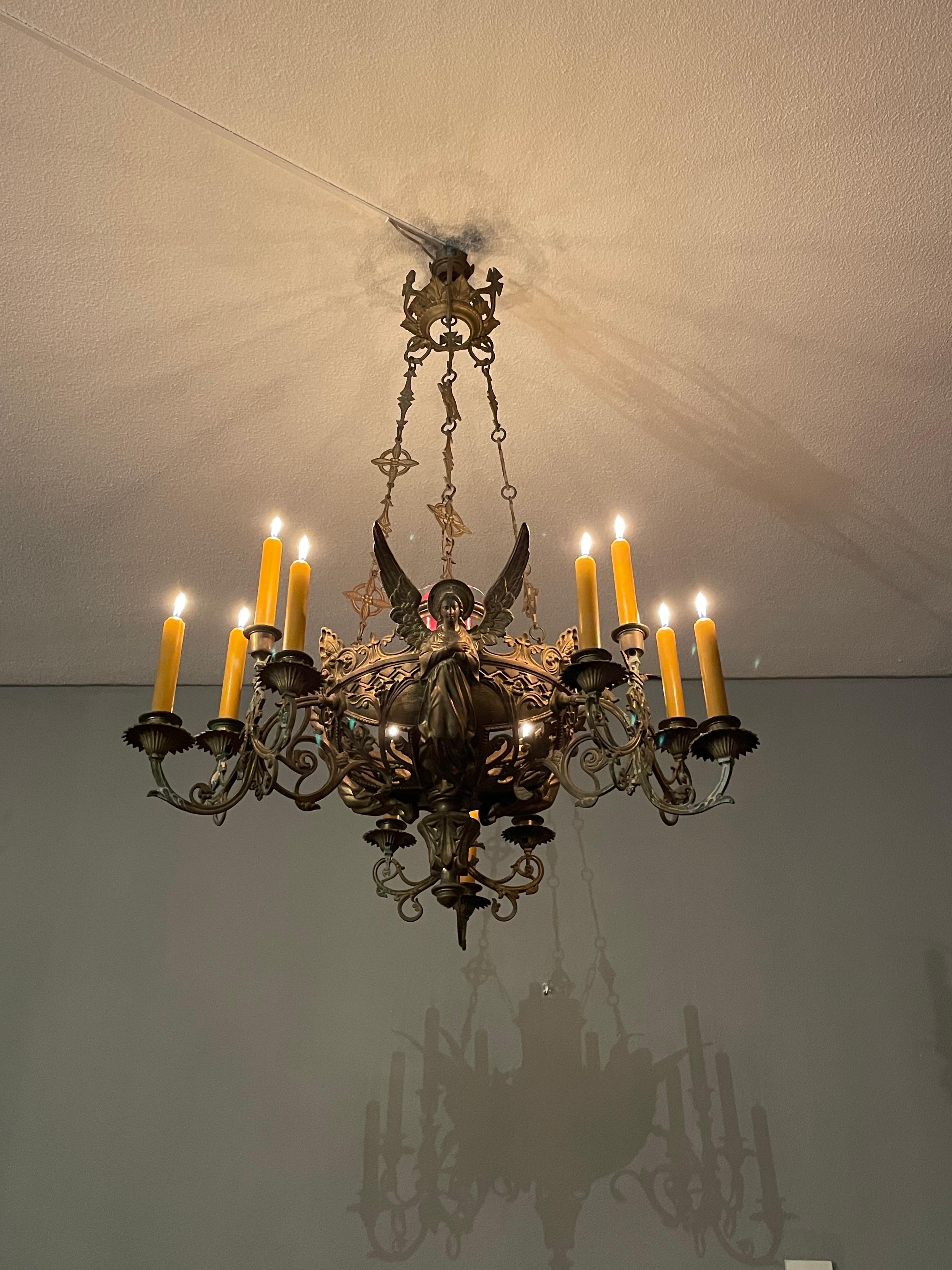 Bronze Gothic Revival Candle Chandelier w. Virgin Mary & Marian Cross Sculptures For Sale 12