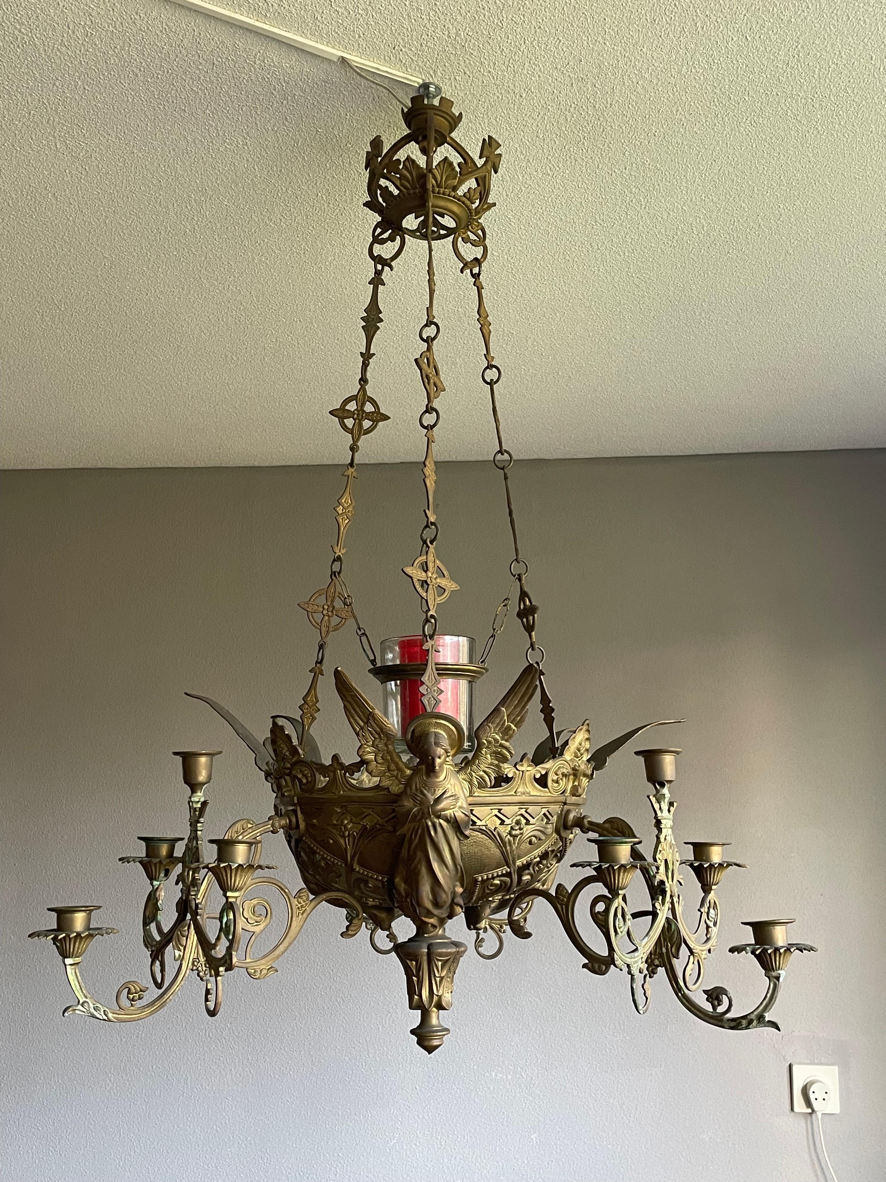 Bronze Gothic Revival Candle Chandelier w. Virgin Mary & Marian Cross Sculptures For Sale 13