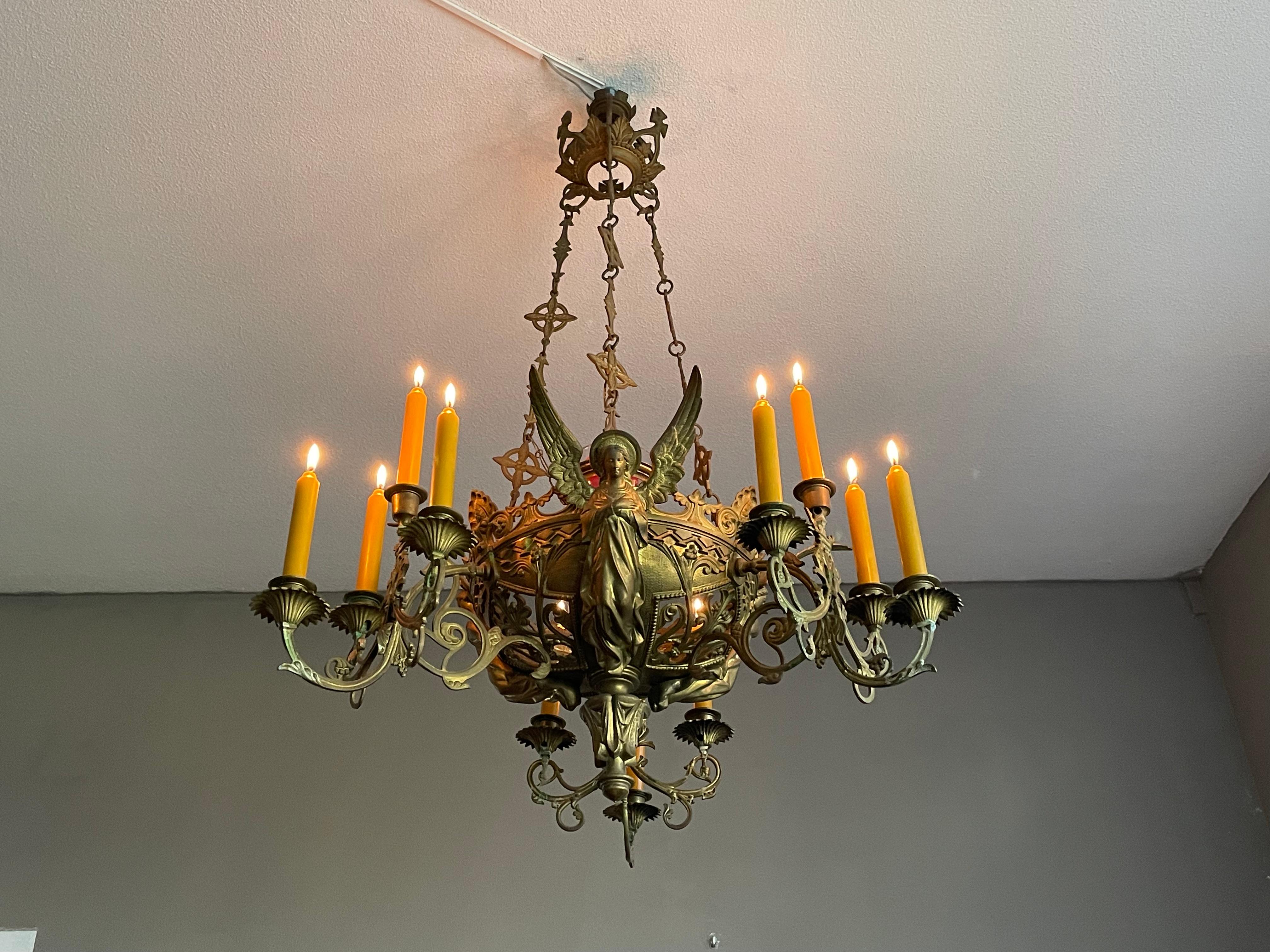 European Bronze Gothic Revival Candle Chandelier w. Virgin Mary & Marian Cross Sculptures For Sale
