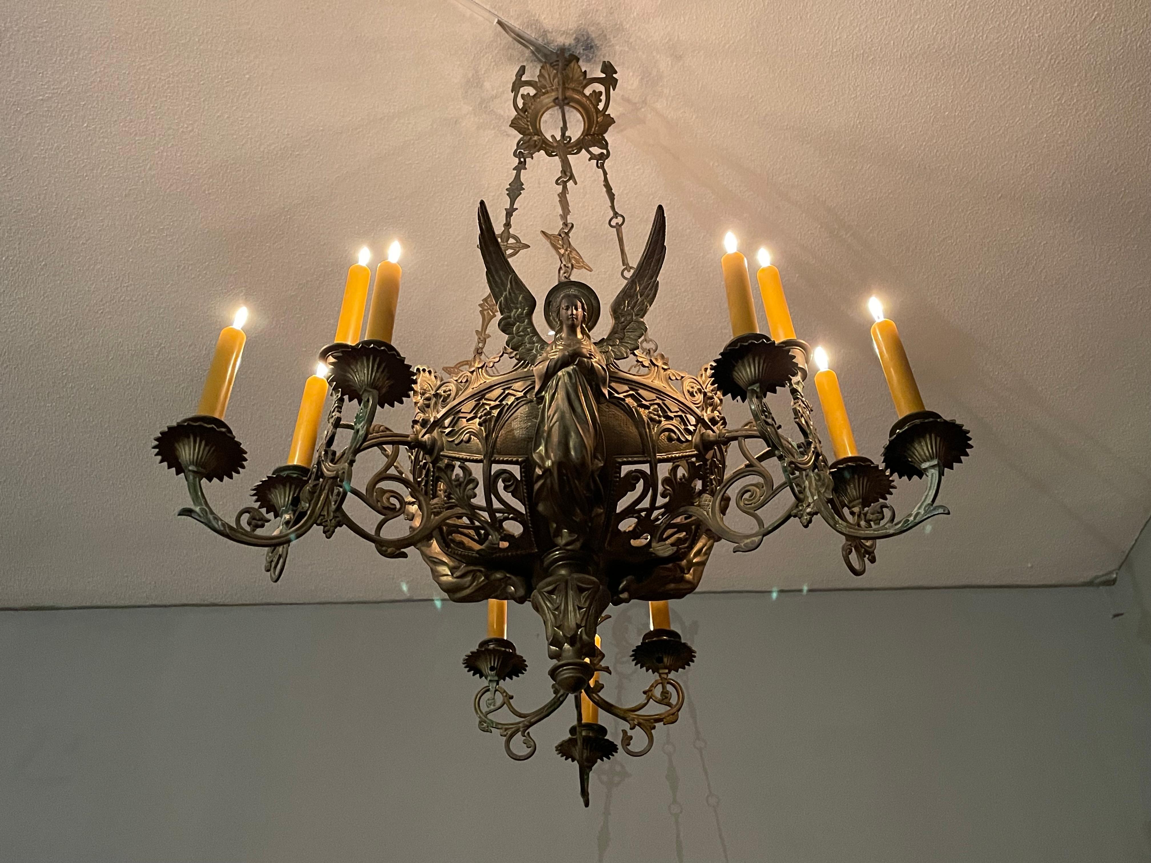 Bronze Gothic Revival Candle Chandelier w. Virgin Mary & Marian Cross Sculptures In Good Condition For Sale In Lisse, NL