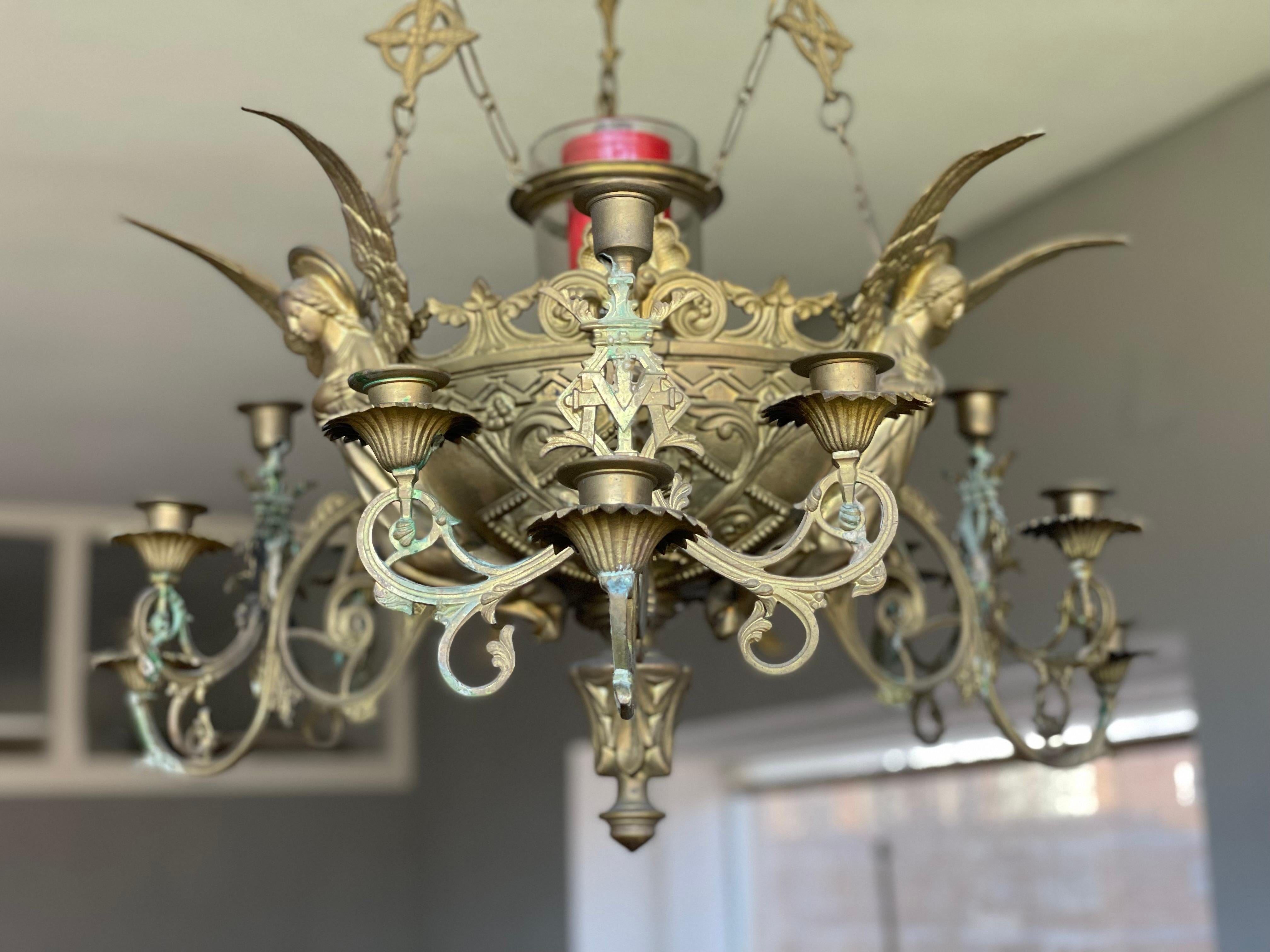 19th Century Bronze Gothic Revival Candle Chandelier w. Virgin Mary & Marian Cross Sculptures For Sale
