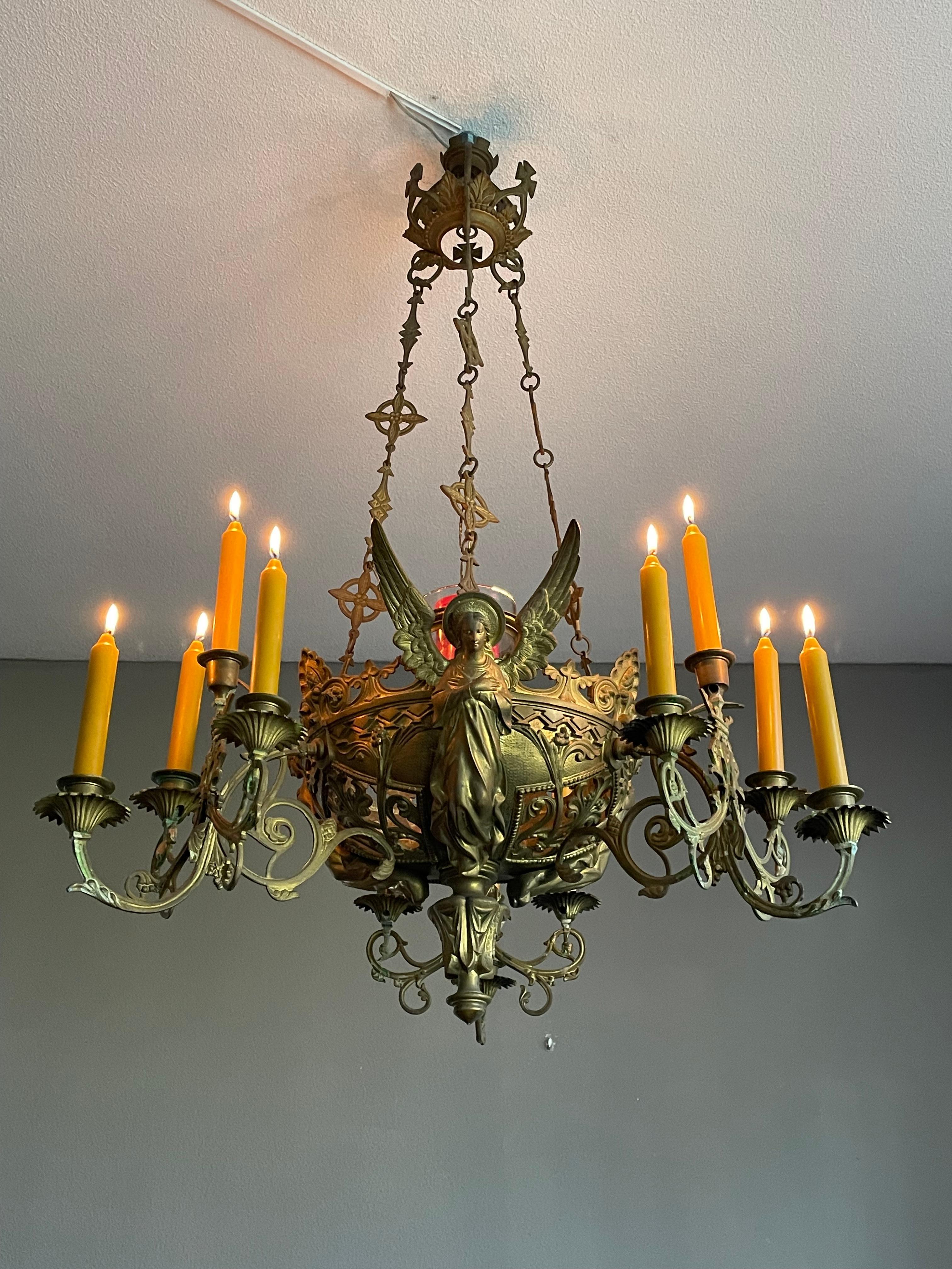 Glass Bronze Gothic Revival Candle Chandelier w. Virgin Mary & Marian Cross Sculptures For Sale