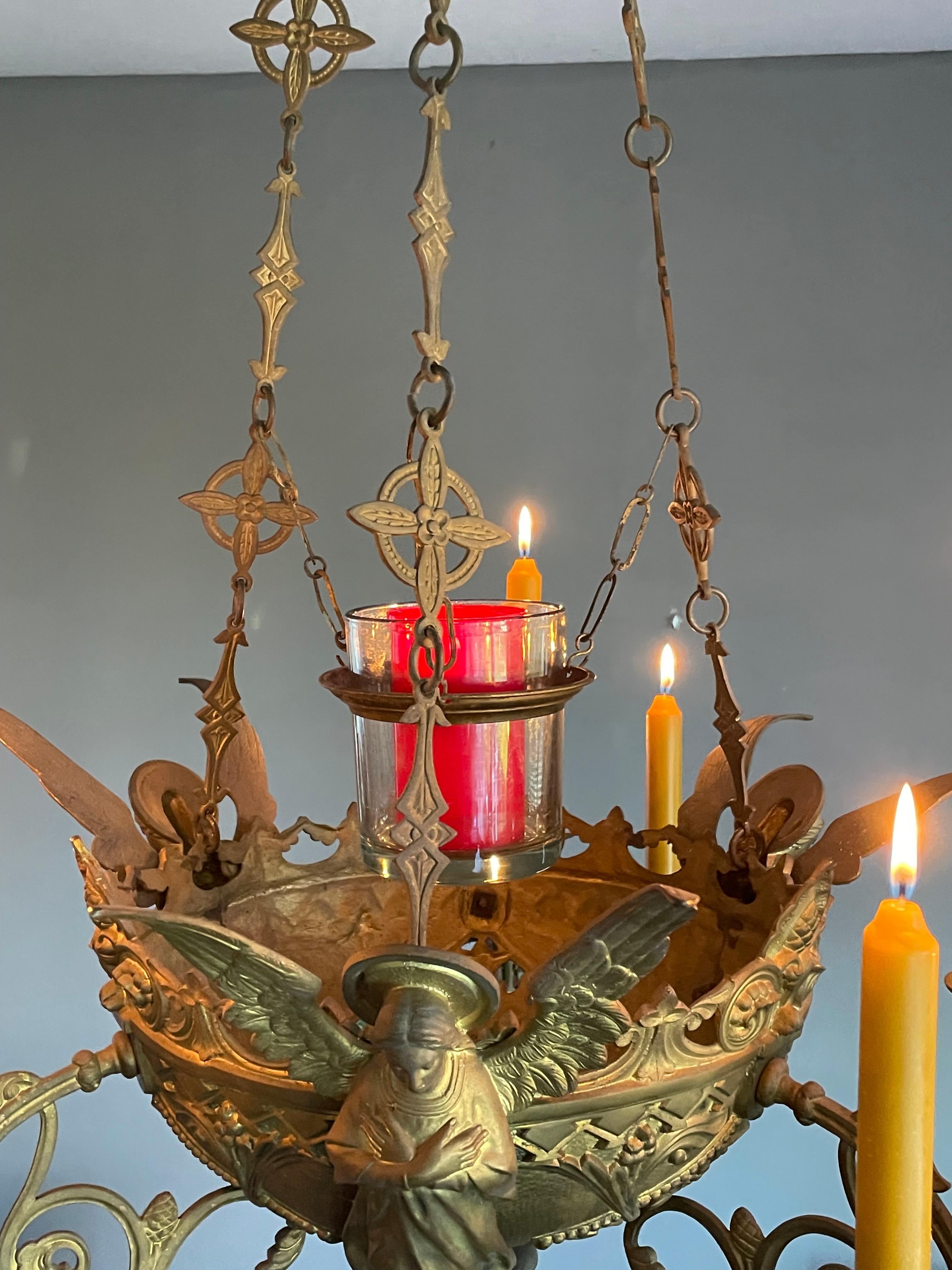 Bronze Gothic Revival Candle Chandelier w. Virgin Mary & Marian Cross Sculptures For Sale 2