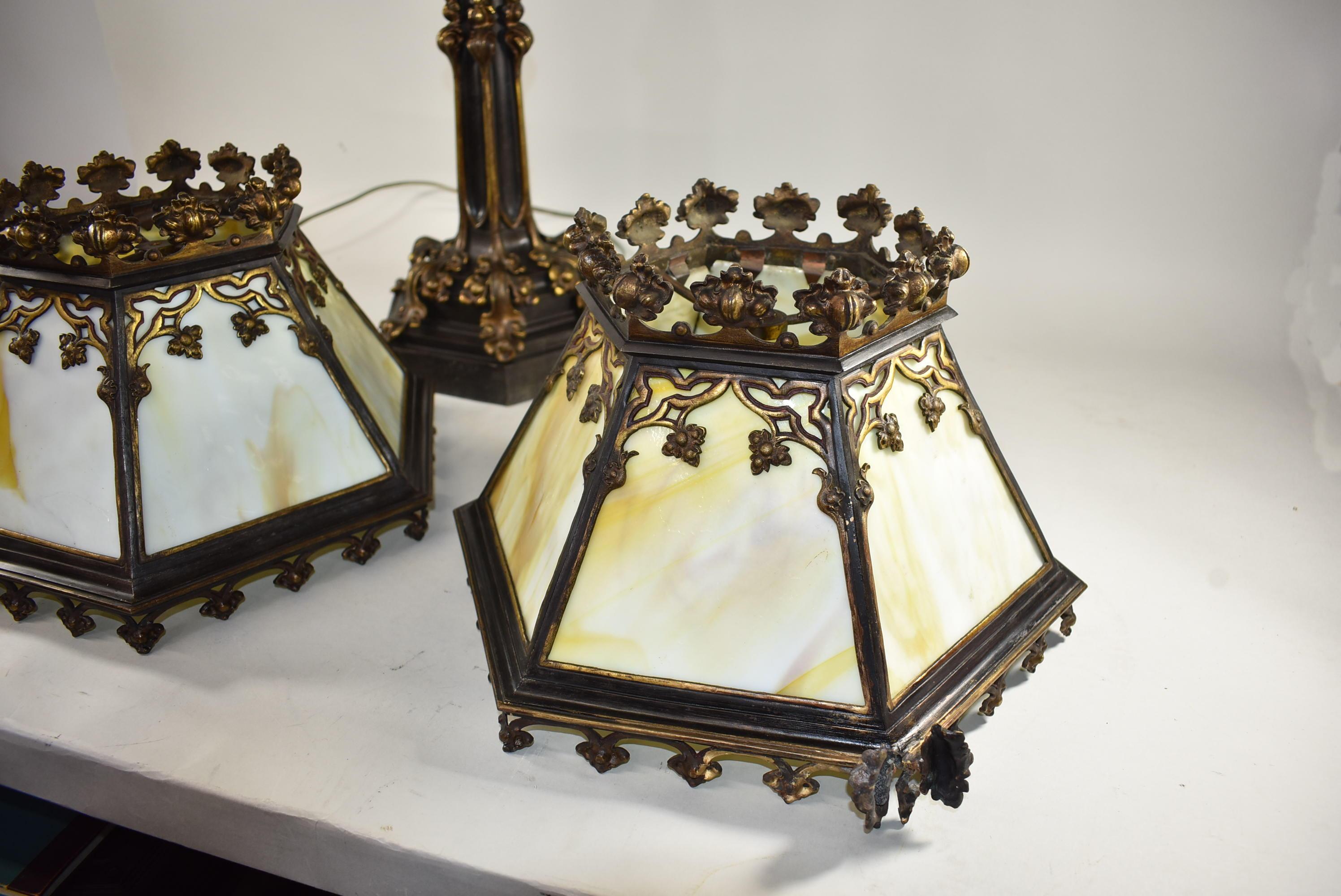 Bronze Gothic Revival Double Amber Slag Glass Shaded Library Lamp 1