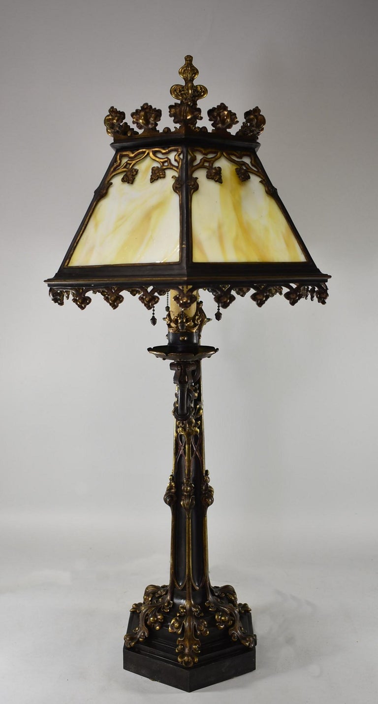 Bronze Gothic Revival Double Amber Slag Glass Shaded Library Lamp at