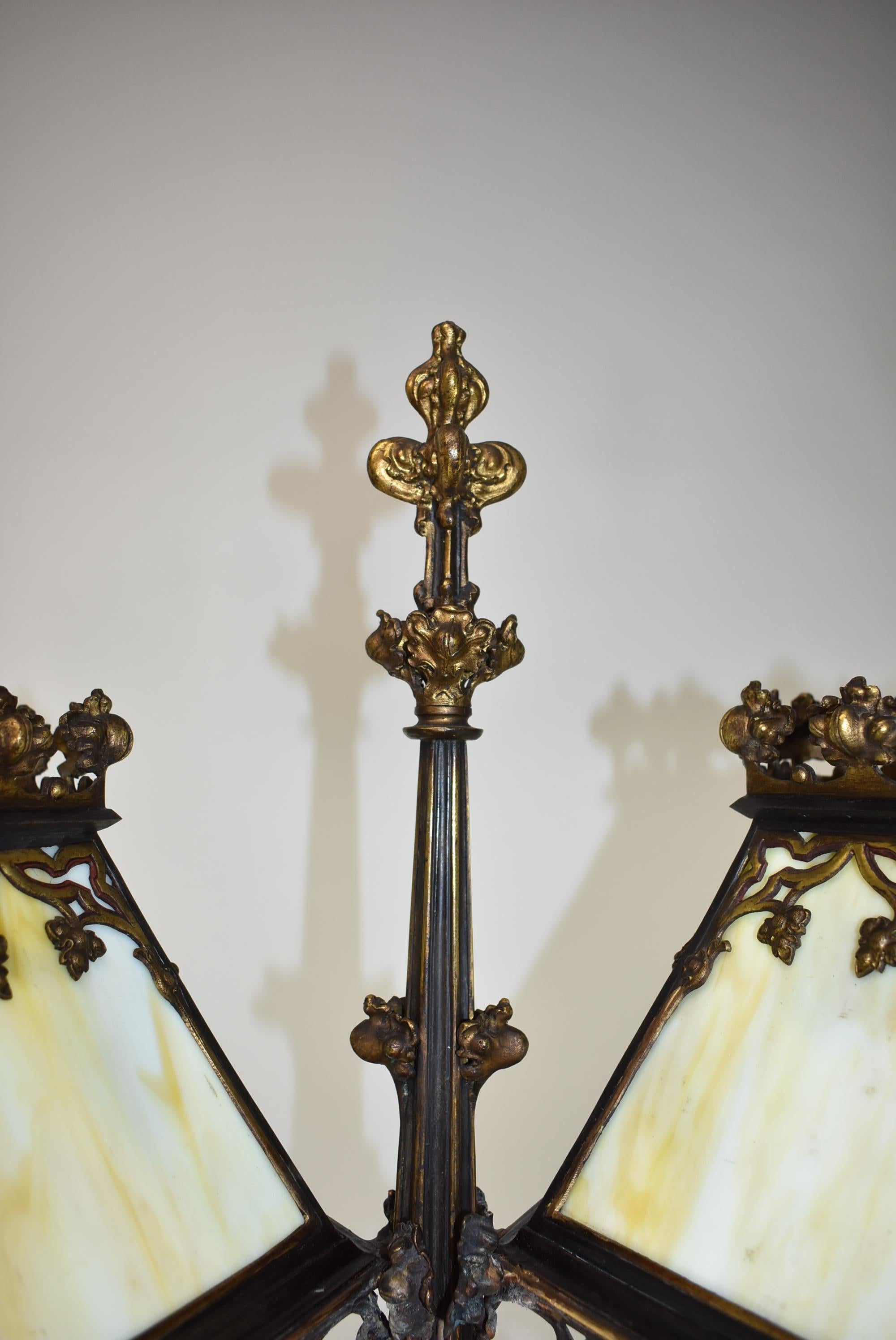Cast Bronze Gothic Revival Double Amber Slag Glass Shaded Library Lamp