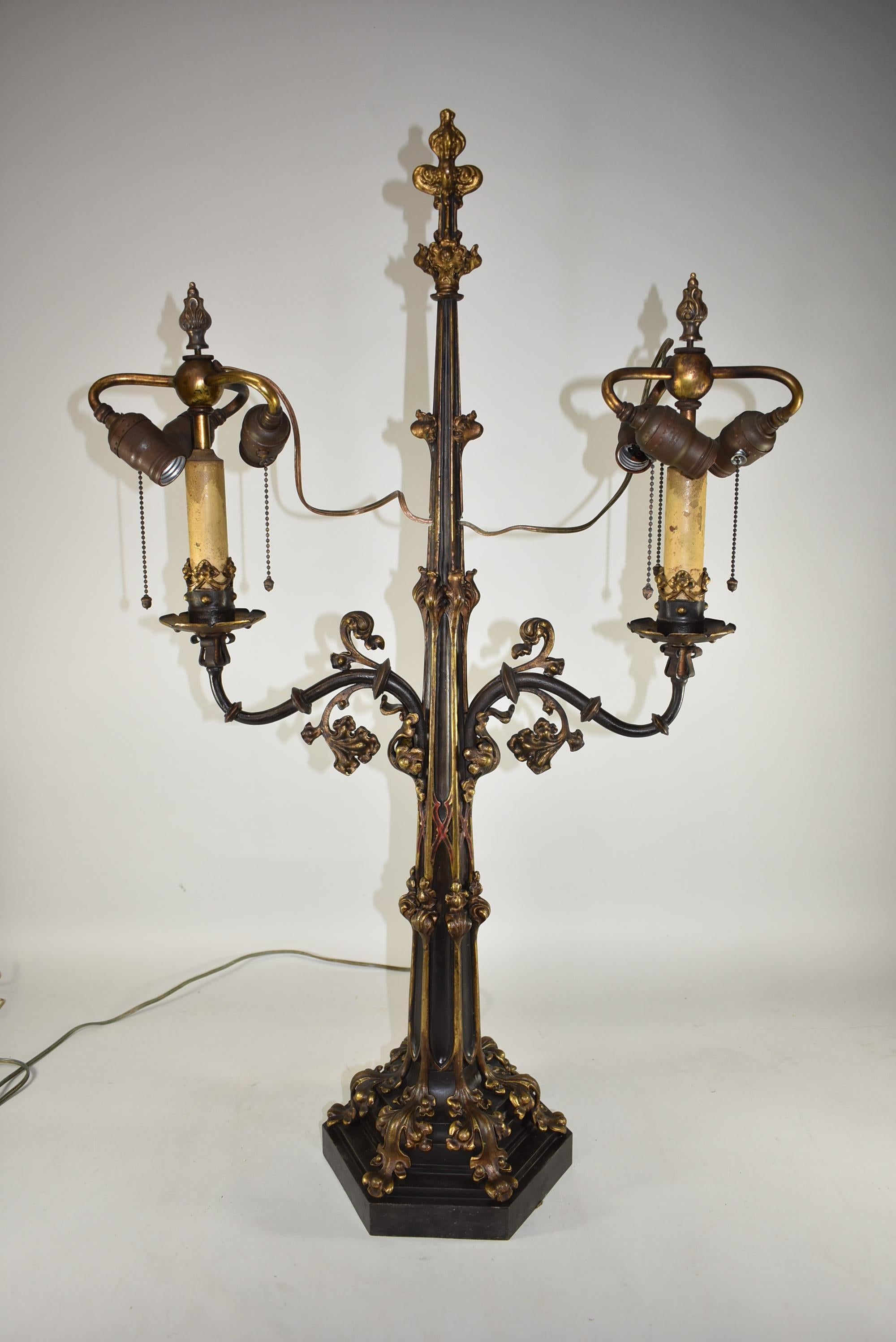 20th Century Bronze Gothic Revival Double Amber Slag Glass Shaded Library Lamp
