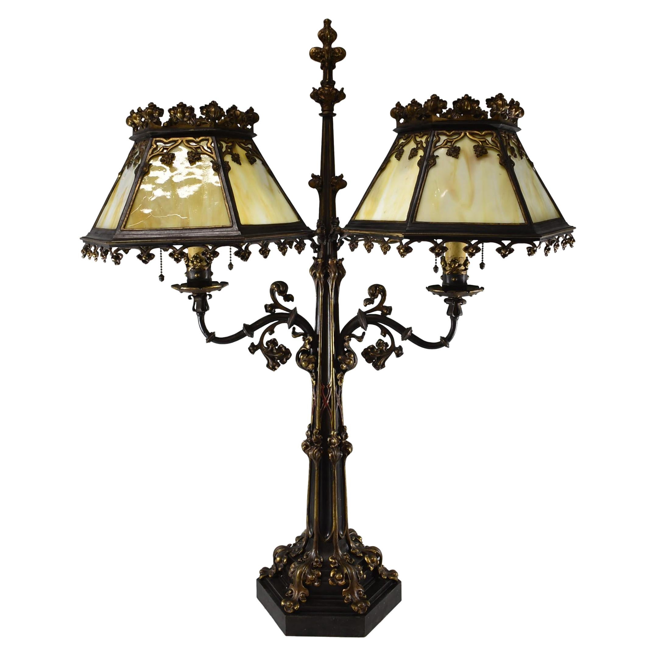 Bronze Gothic Revival Double Amber Slag Glass Shaded Library Lamp