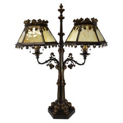 Bronze Gothic Revival Double Amber Slag Glass Shaded Library Lamp