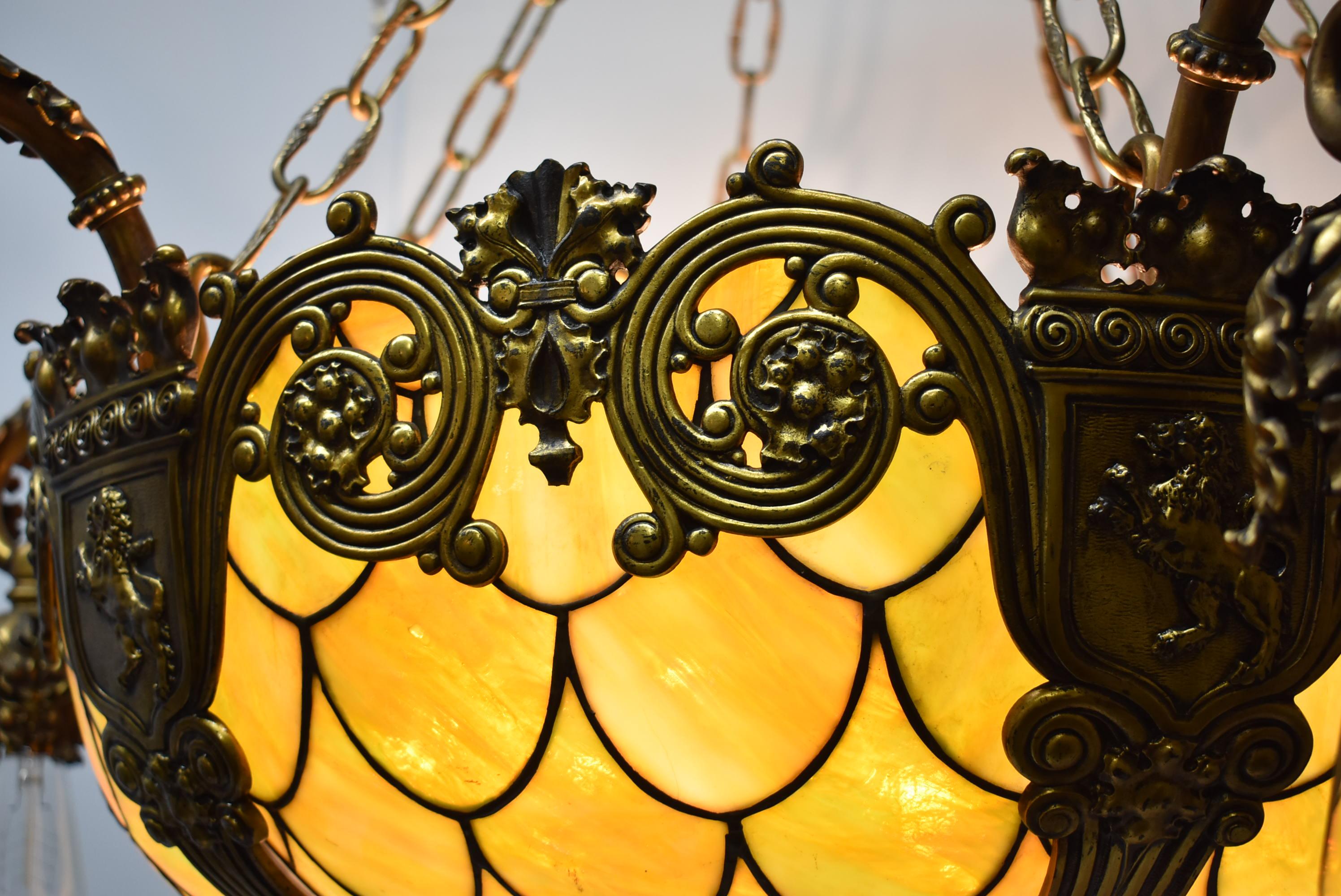 Cast Bronze Gothic Revival Fish Scale Leaded Glass Chandelier Att. Duffner & Kimberly For Sale