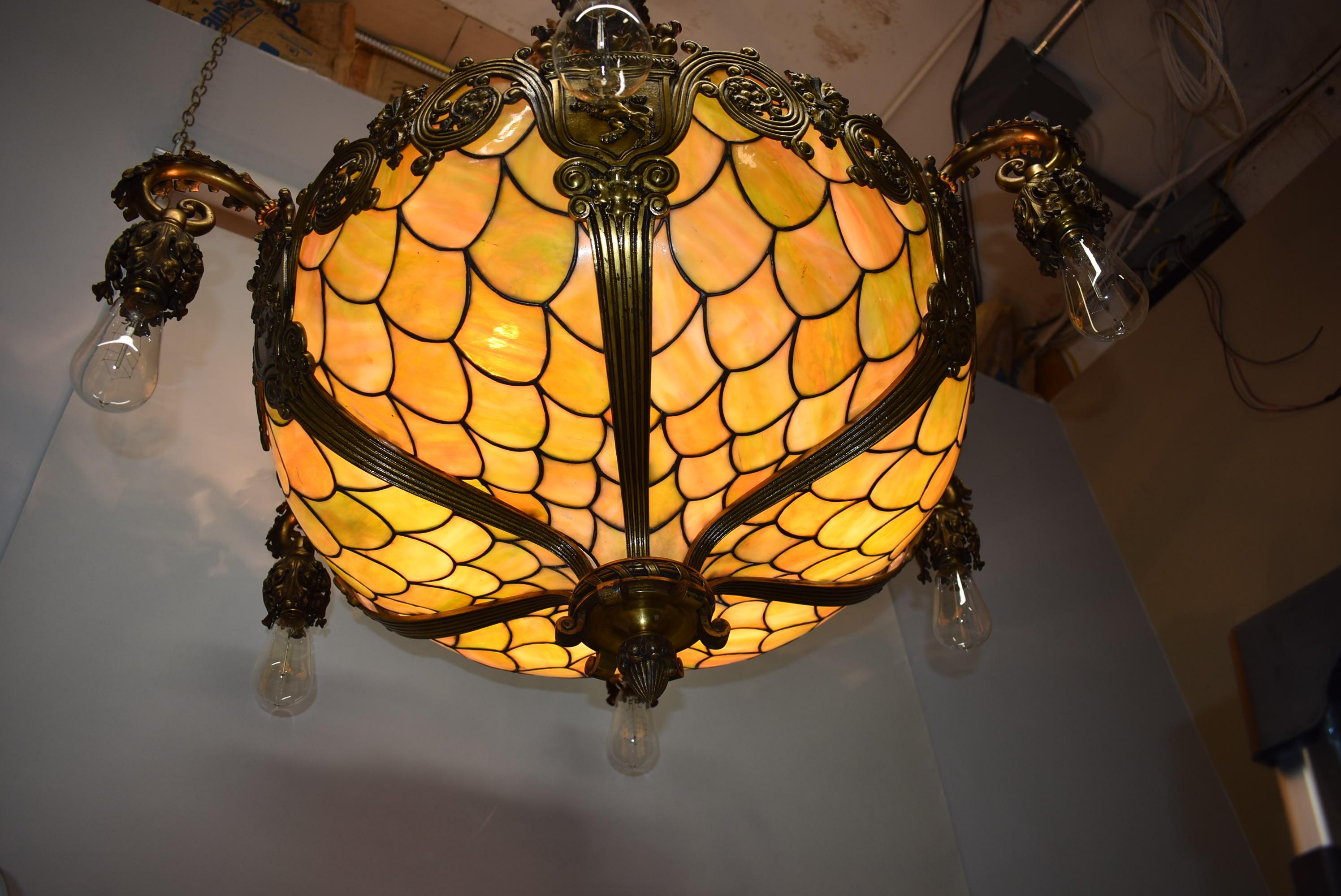 Bronze Gothic Revival Fish Scale Leaded Glass Chandelier Att. Duffner & Kimberly In Good Condition For Sale In Toledo, OH
