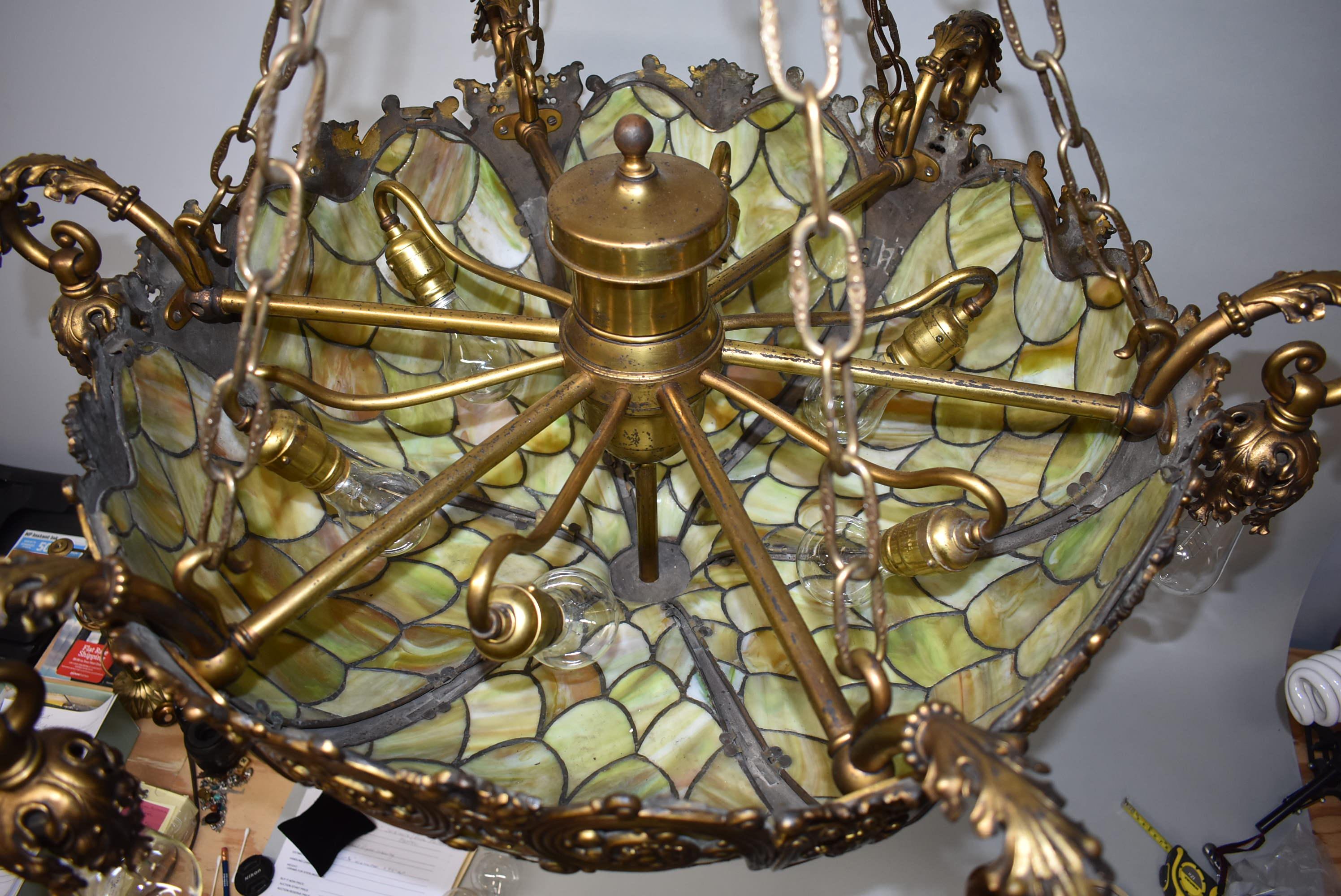 Early 20th Century Bronze Gothic Revival Fish Scale Leaded Glass Chandelier Att. Duffner & Kimberly For Sale