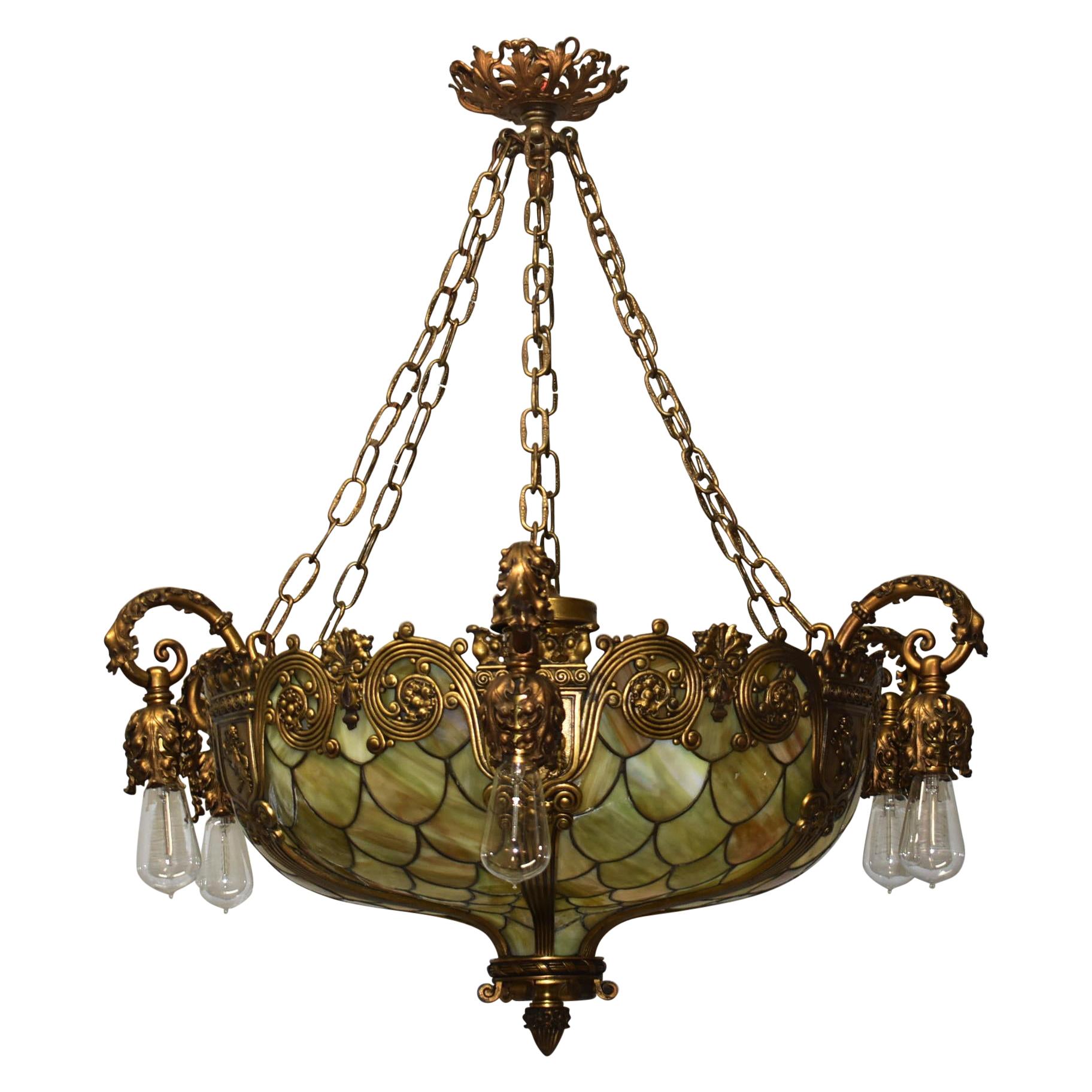 Bronze Gothic Revival Fish Scale Leaded Glass Chandelier Att. Duffner & Kimberly For Sale