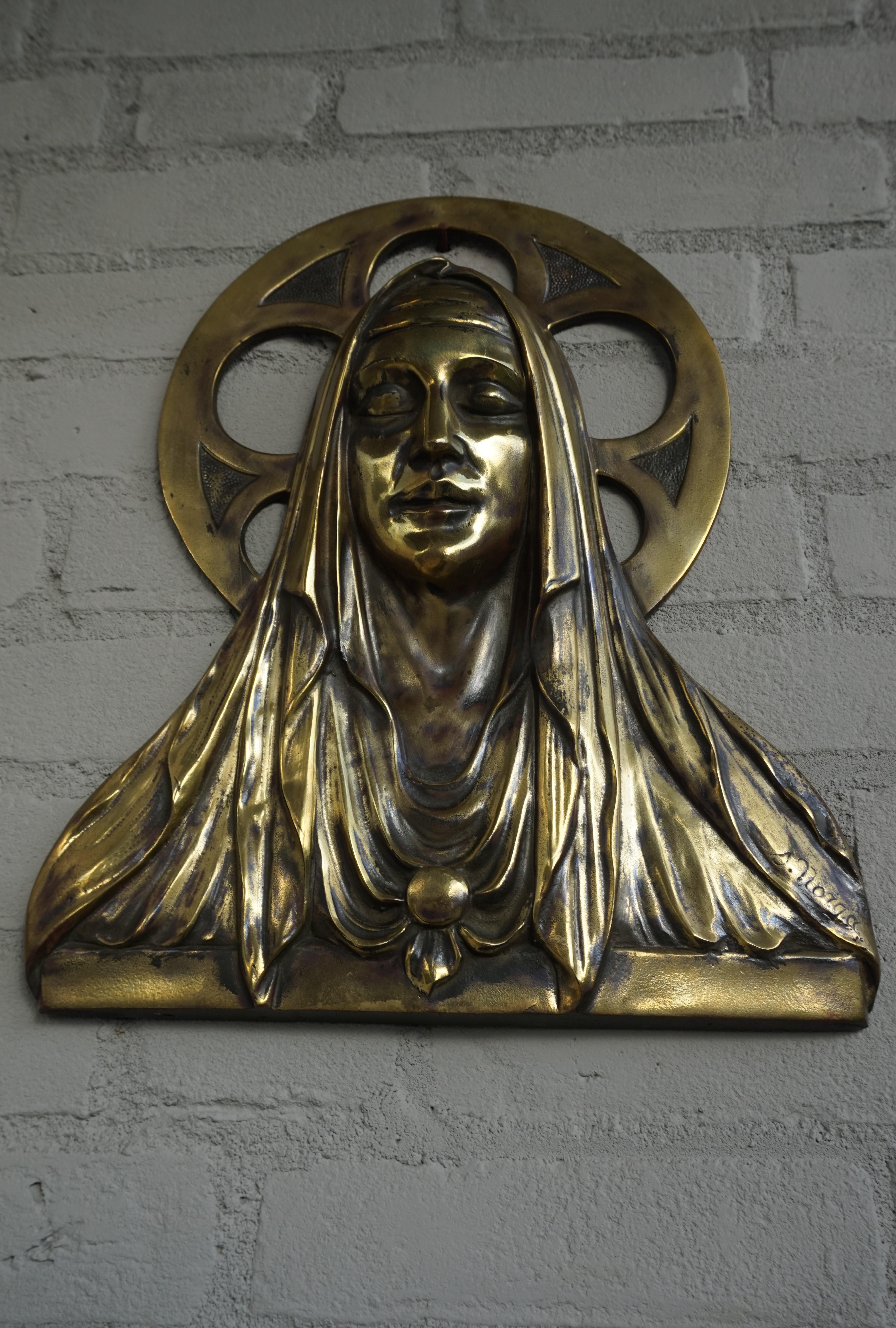 20th Century Bronze Gothic Wall Plaque by S. Norga Depicting Mother Mary in Cinquefoil Halo For Sale