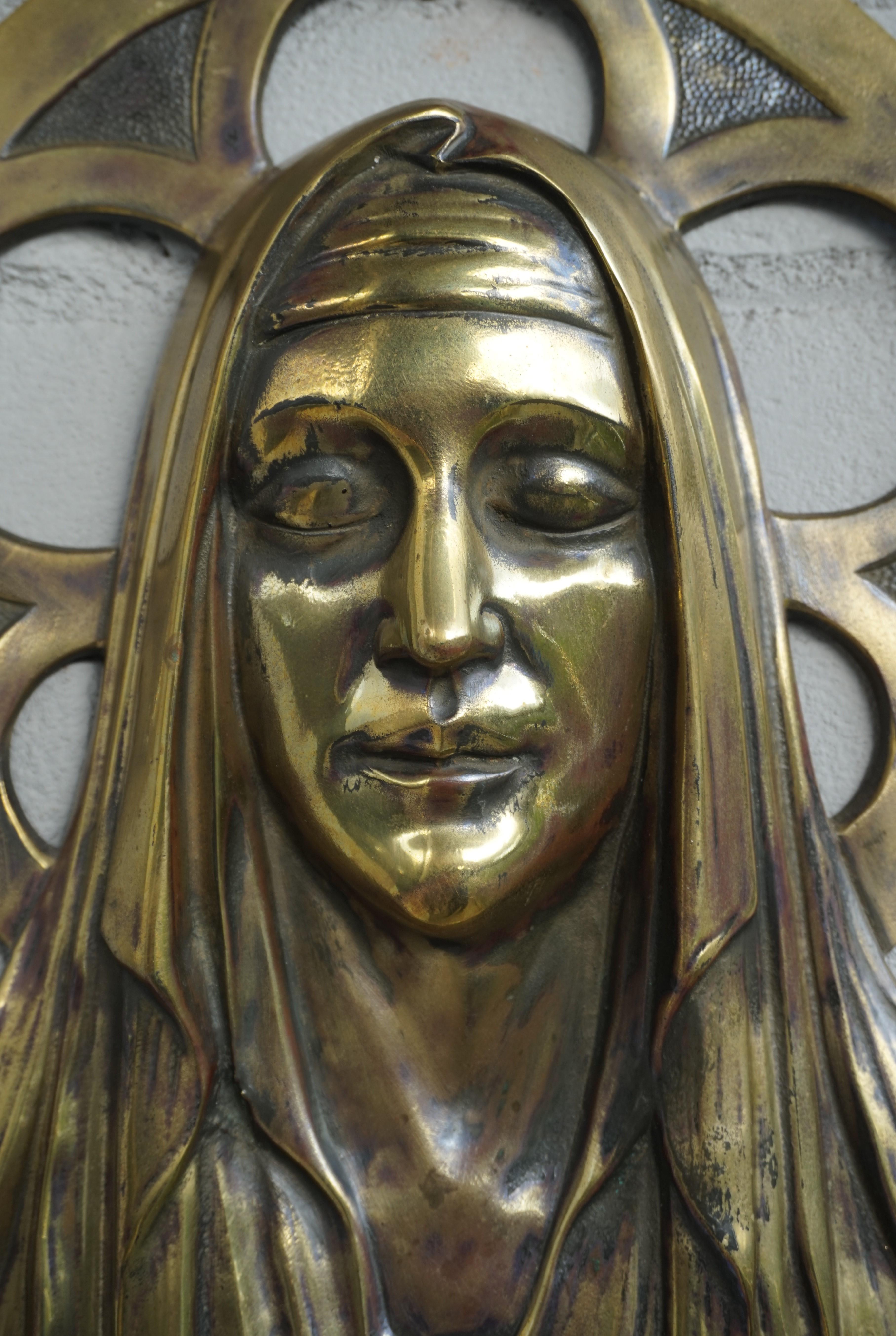 Gothic Revival Bronze Gothic Wall Plaque by S. Norga Depicting Mother Mary in Cinquefoil Halo For Sale