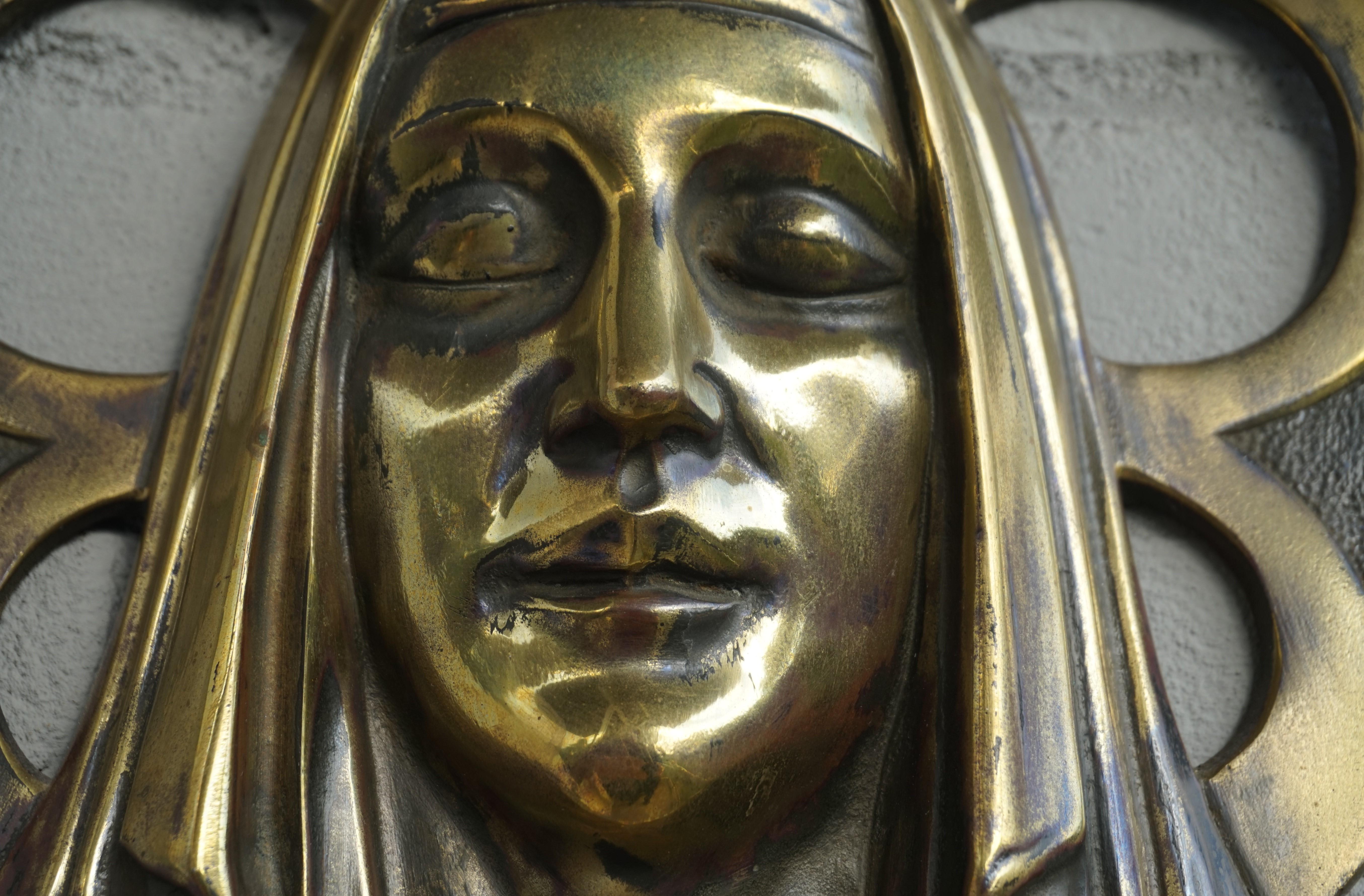 Belgian Bronze Gothic Wall Plaque by S. Norga Depicting Mother Mary in Cinquefoil Halo