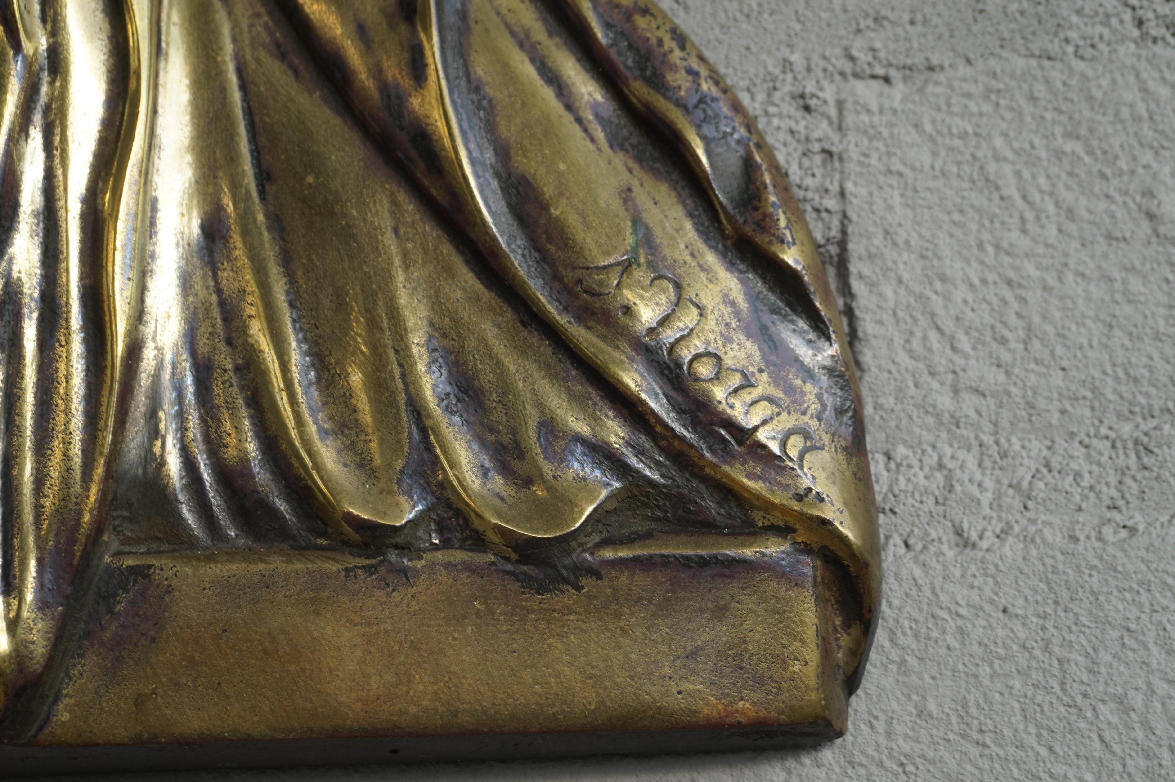 Hand-Crafted Bronze Gothic Wall Plaque by S. Norga Depicting Mother Mary in Cinquefoil Halo