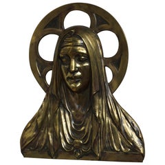 Bronze Gothic Wall Plaque by S. Norga Depicting Mother Mary in Cinquefoil Halo