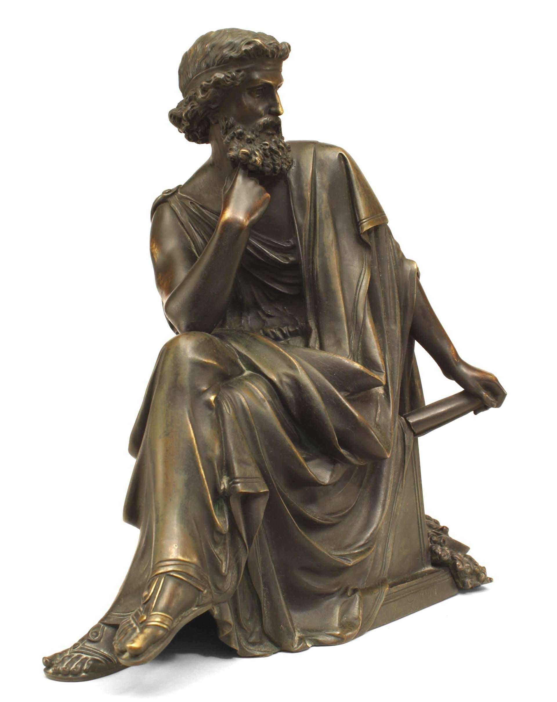 Bronze Grecian figure of a seated man with a beard wearing a toga and holding a paper with a theatrical mask on side of base (probably French, 19th Cent. Signed: L. PILET)
