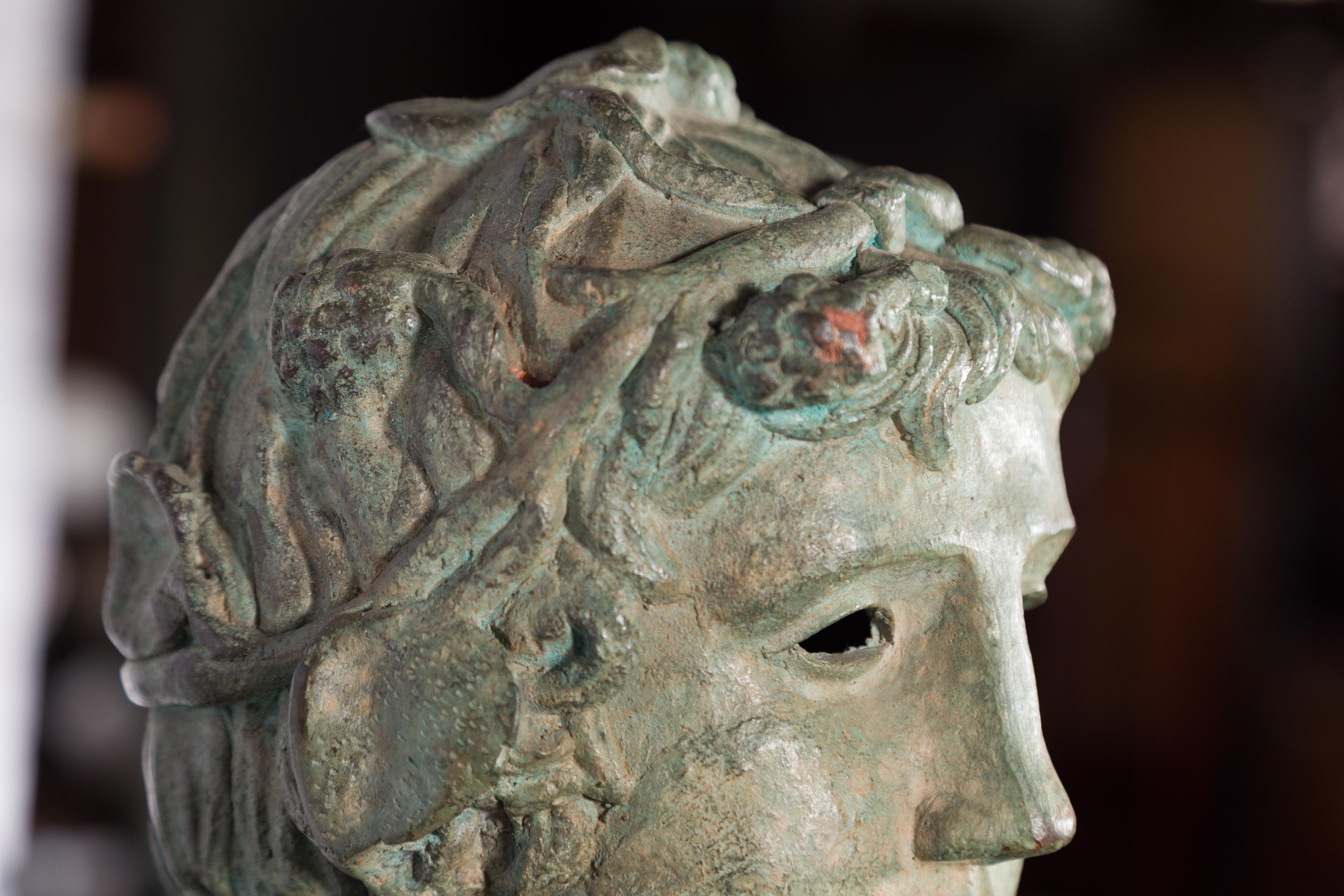 Bronze Greco-Roman Inspired Bust of a Young Man on Custom Stand In Good Condition In Yonkers, NY
