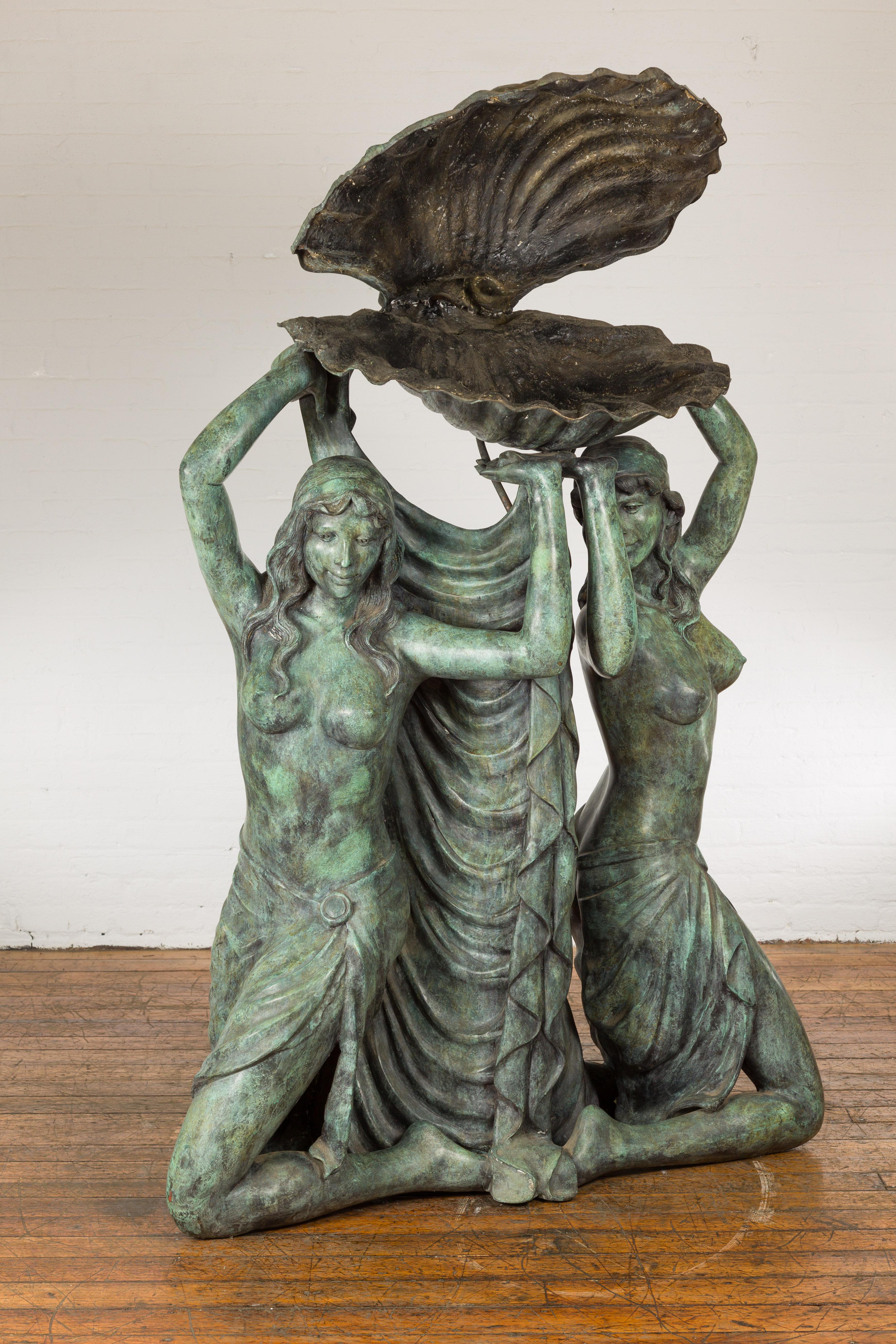 Bronze Greco Roman Inspired Fountain Depicting Three Nymphs Holding a Clamshell For Sale 8
