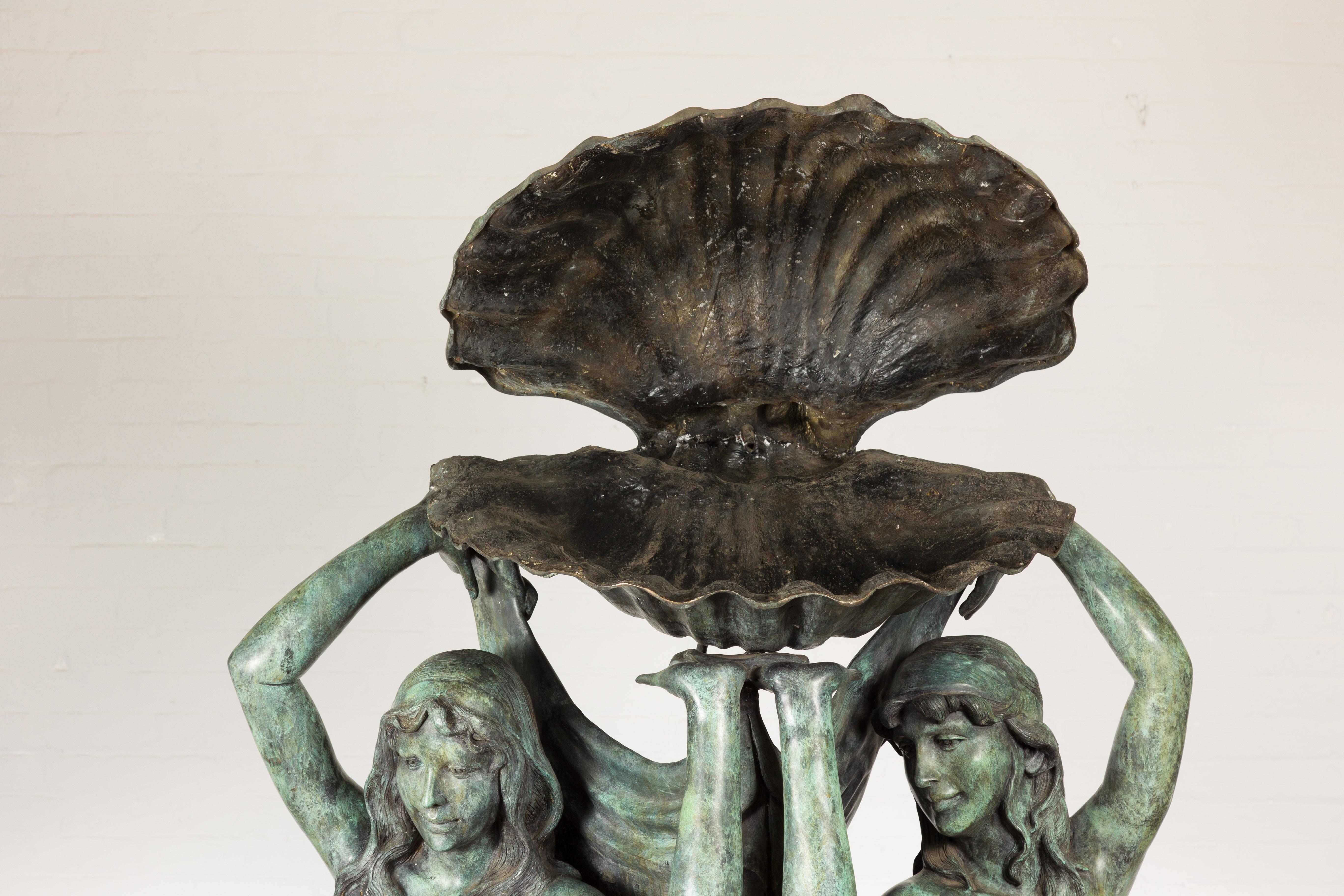 Bronze Greco Roman Inspired Fountain Depicting Three Nymphs Holding a Clamshell In Good Condition For Sale In Yonkers, NY